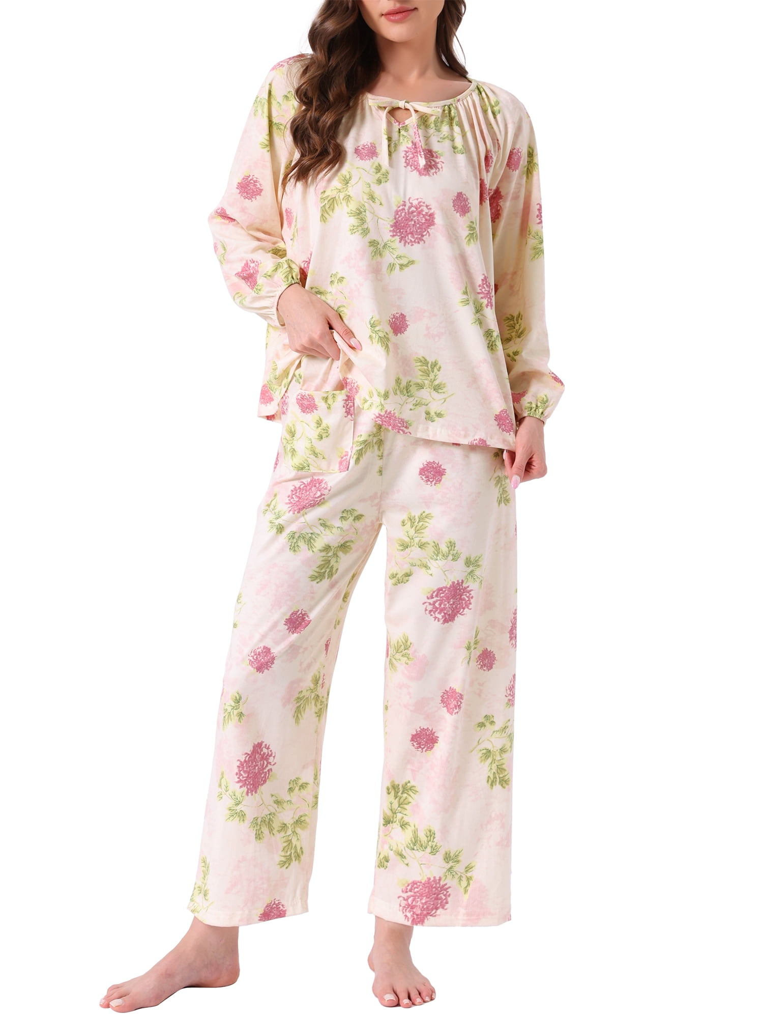 DARING DIVA Women's Long Sleeve Floral Pullover Tie Front Wide Leg Pajamas L Beige