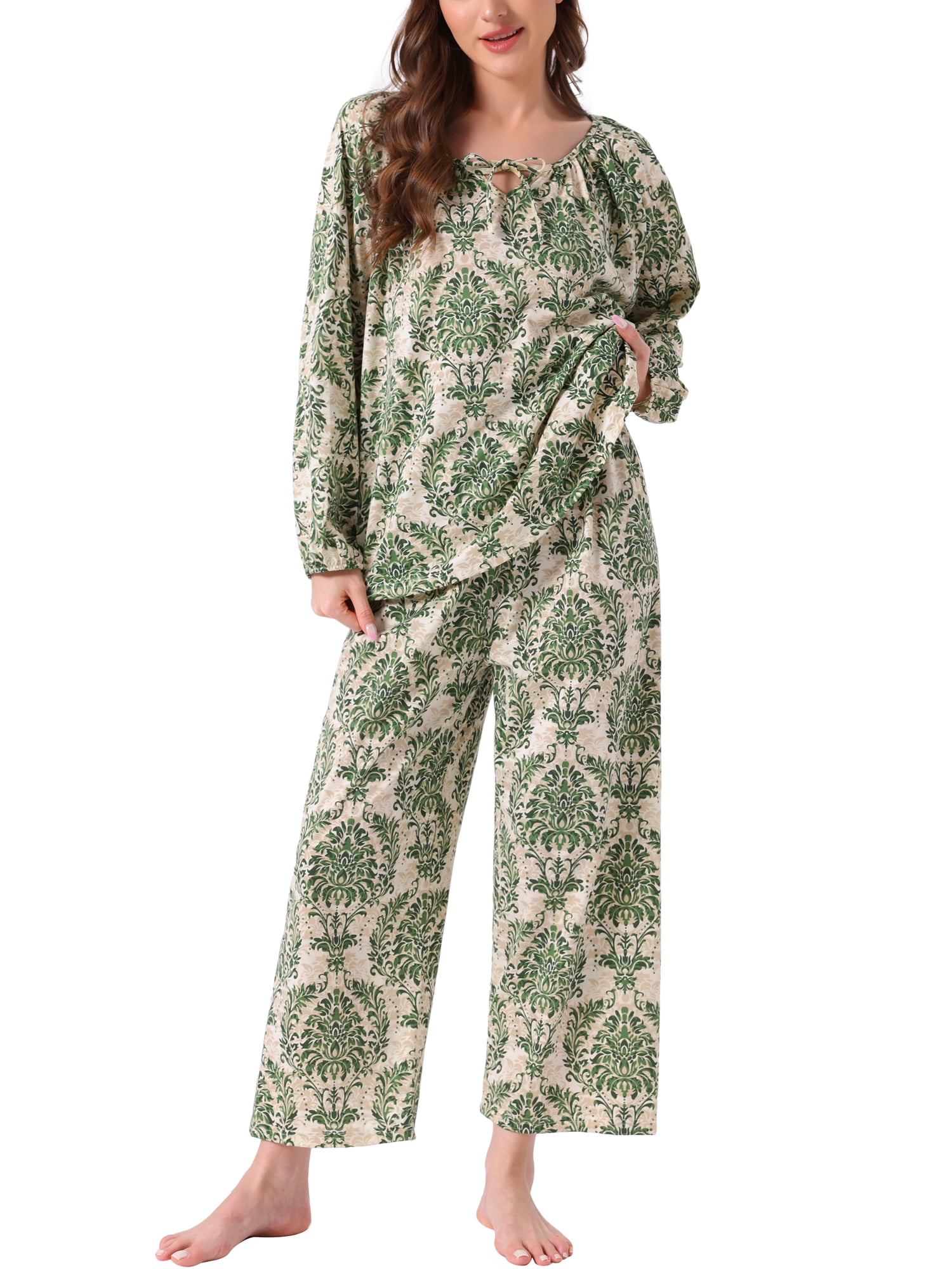 DARING DIVA Women's Long Sleeve Floral Pullover Tie Front Wide Leg Pajamas L Light Green