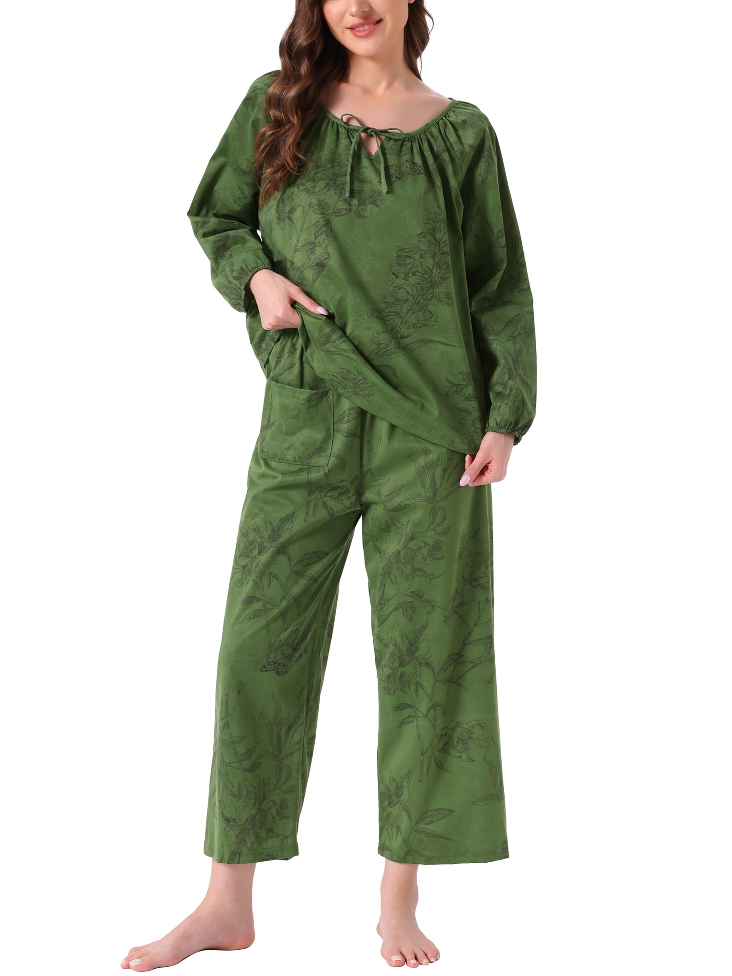 DARING DIVA Women's Long Sleeve Floral Pullover Tie Front Wide Leg Pajamas M Green