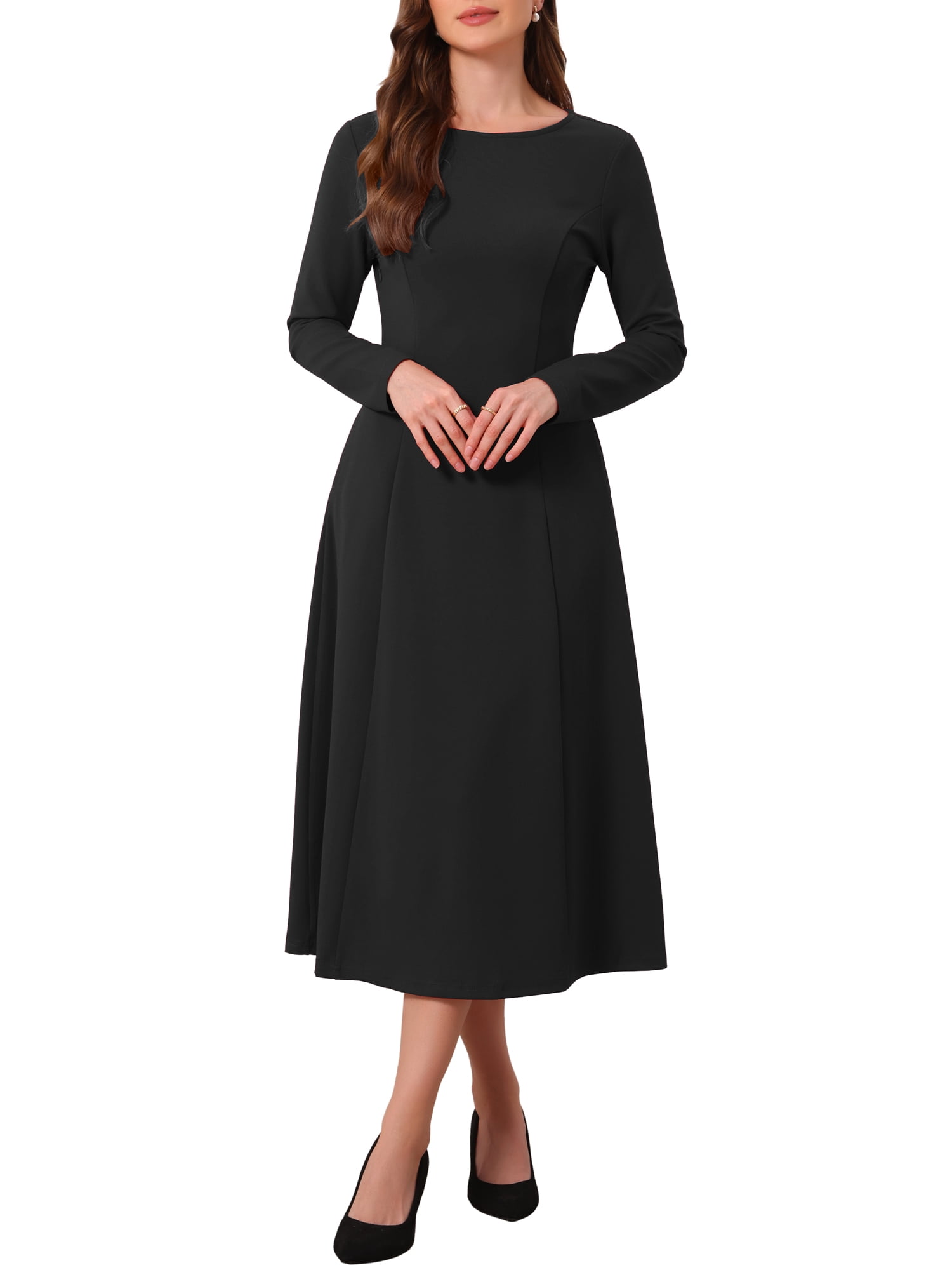 DARING DIVA Women's Long Sleeve Formal Crewneck A-Line Maxi Dress L Black