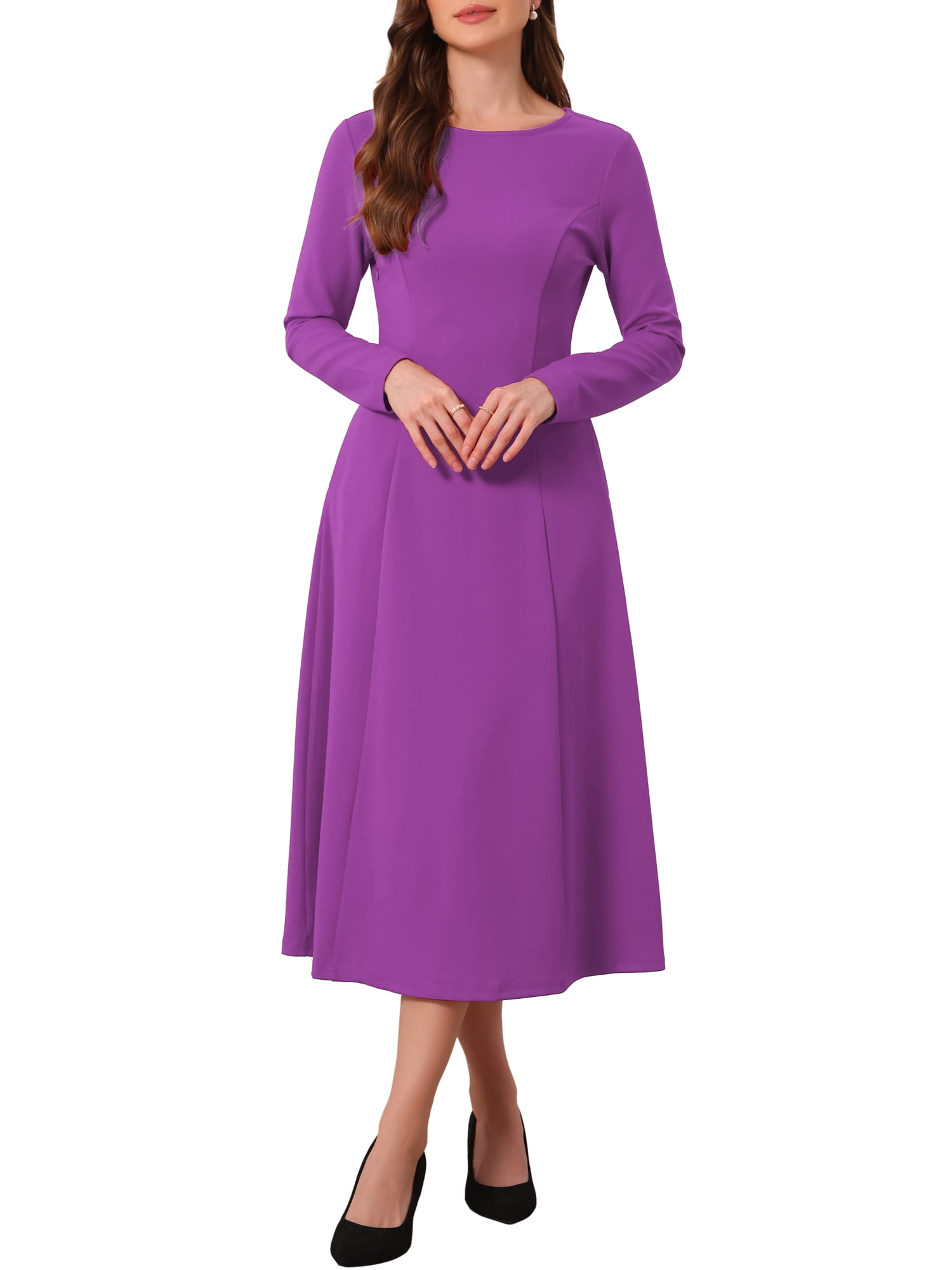 DARING DIVA Women's Long Sleeve Formal Crewneck A-Line Maxi Dress M Purple