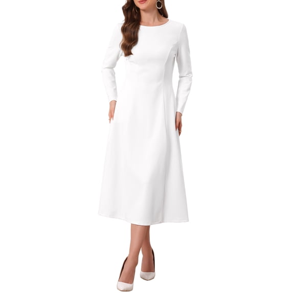 DARING DIVA Women's Long Sleeve Formal Crewneck A-Line Maxi Dress M White