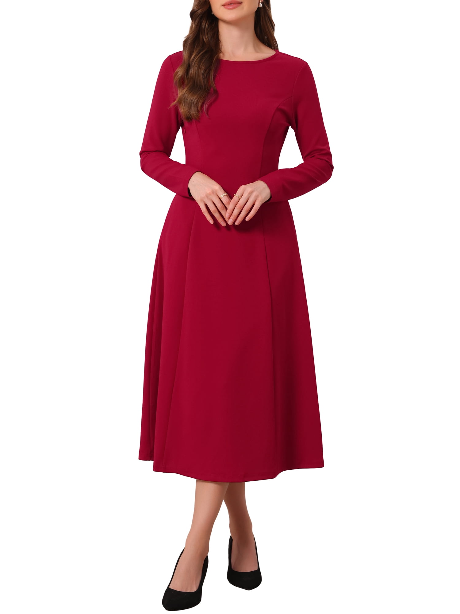 DARING DIVA Women's Long Sleeve Formal Crewneck A-Line Maxi Dress S Burgundy