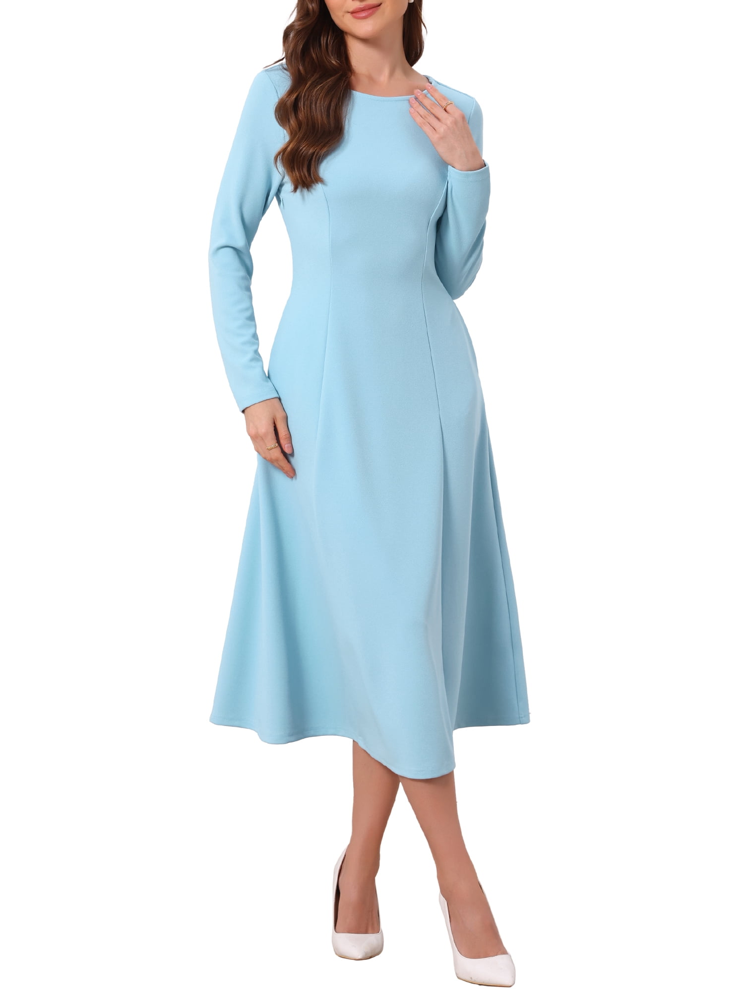DARING DIVA Women's Long Sleeve Formal Crewneck A-Line Maxi Dress XL Light Blue