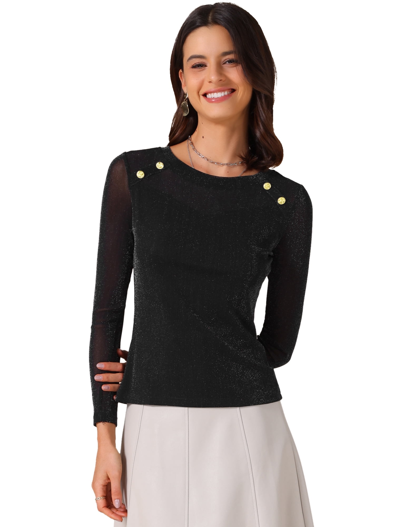 DARING DIVA Women's Long Sleeve Glitter Semi Sheer Shiny Long Sleeve Top XS Black