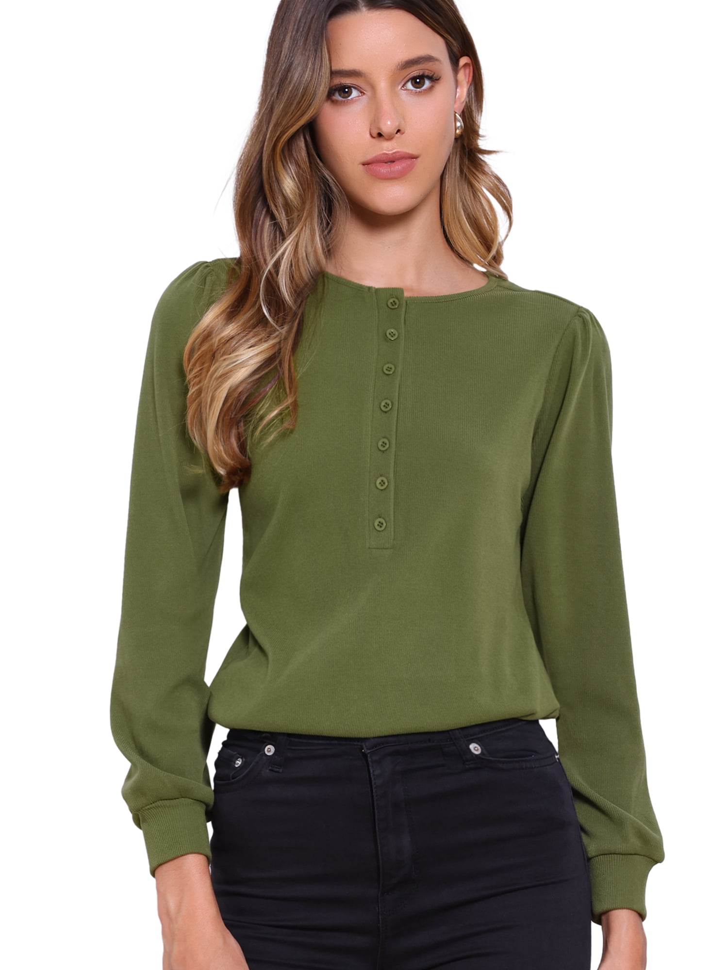 DARING DIVA Women's Long Sleeve Henley Crew Neck Tops Shirt Blouses XS Green