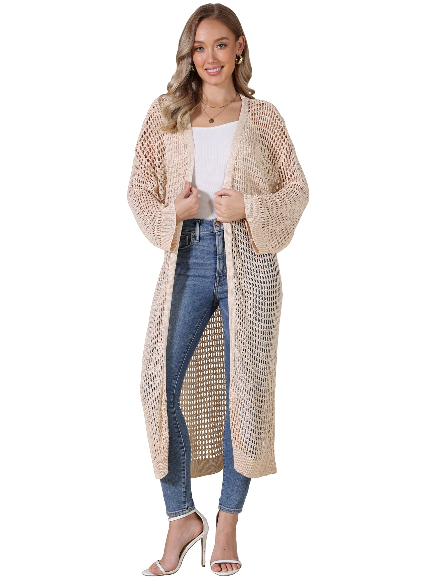 DARING DIVA Women's Long Sleeve Hollow Out Crochet Open Front Long Cardigan XL Beige