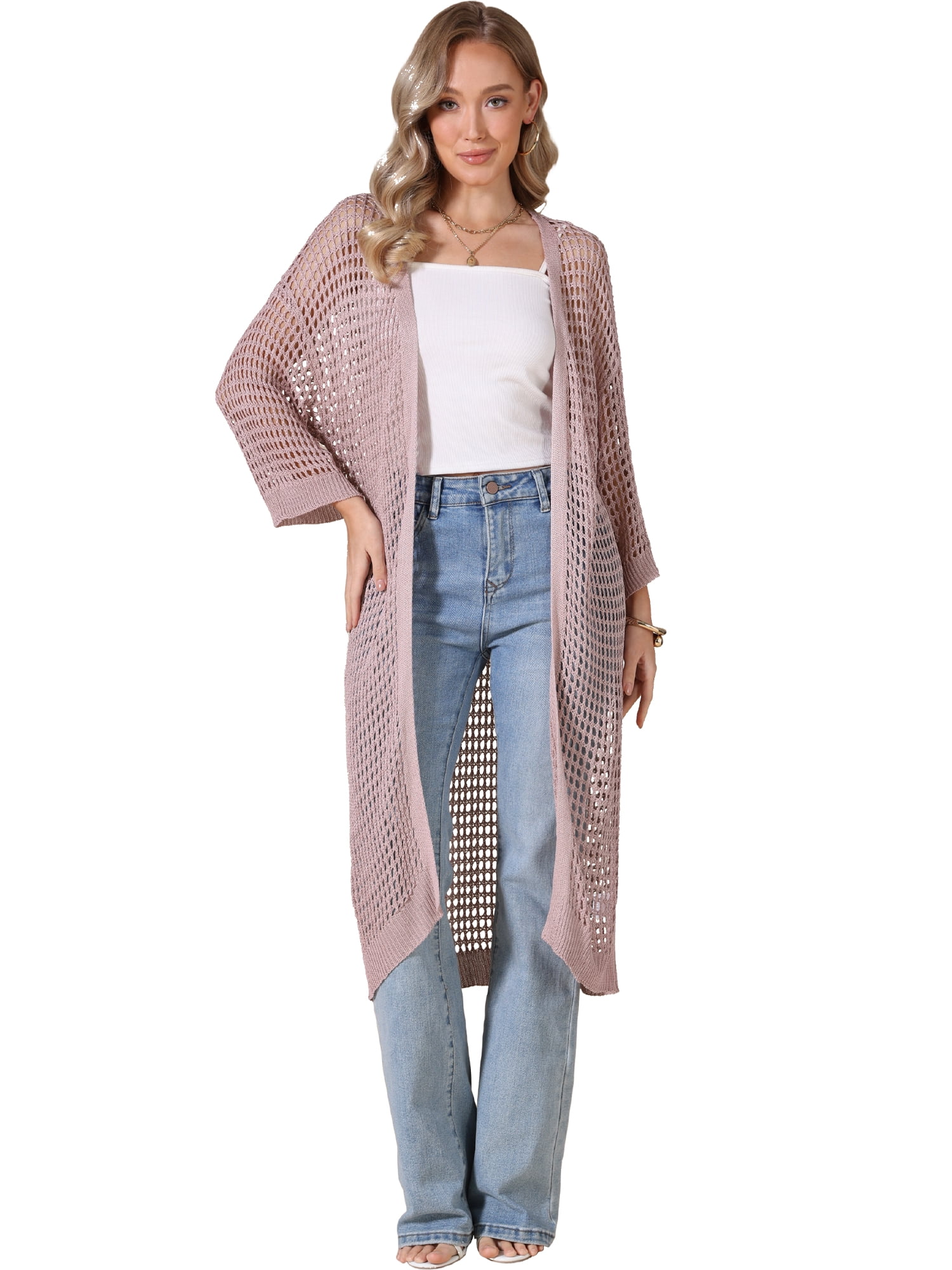 DARING DIVA Women's Long Sleeve Hollow Out Crochet Open Front Long Cardigan XL Pink