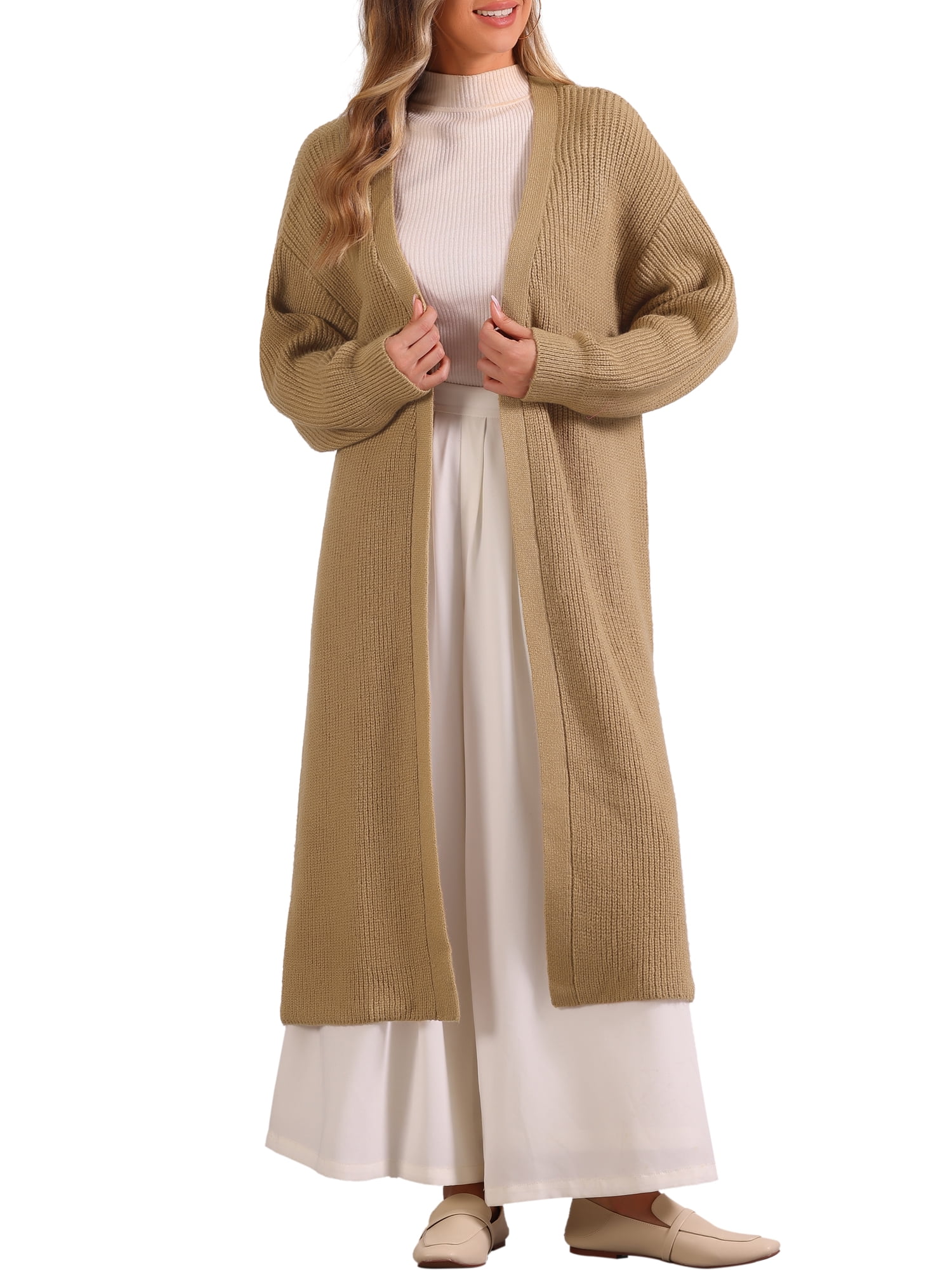 DARING DIVA Women's Long Sleeve Knitwear Sweater Coat with Belt L Khaki