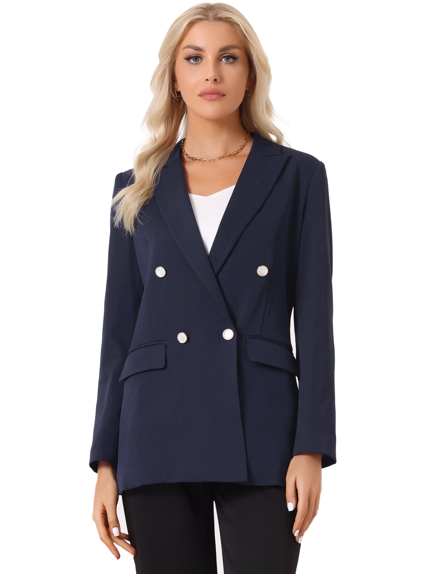 DARING DIVA Women's Long Sleeve Lapel Double Breasted Work Blazer S Dark Blue