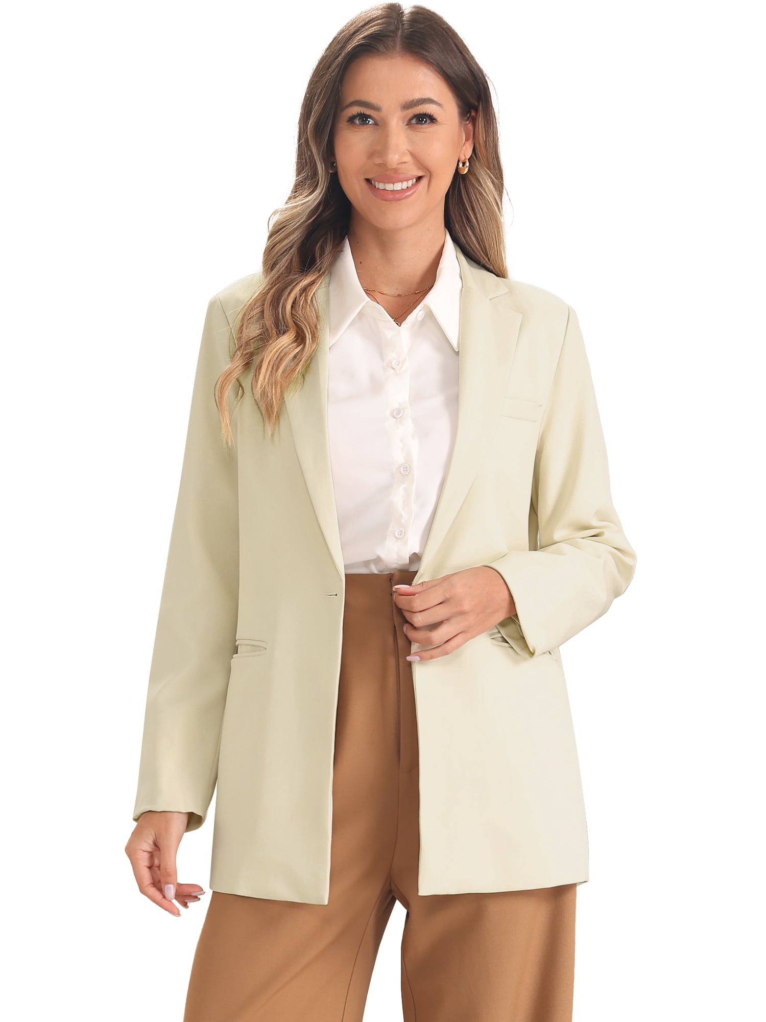 DARING DIVA Women's Long Sleeve Lapel Jackets Blazer with Pockets M Beige