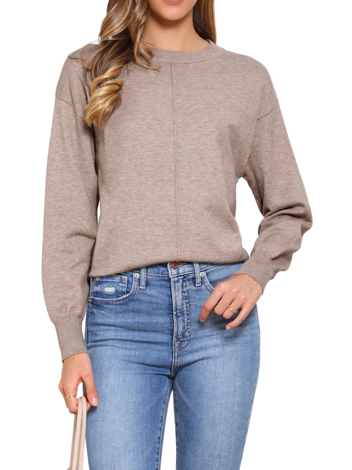 DARING DIVA Women's Long Sleeve Lightweight Crew Neck Knit Top M Khaki Brown