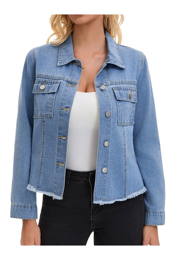 Women's Long Sleeve Lightweight Frayed Hem Jean Shacket L Blue