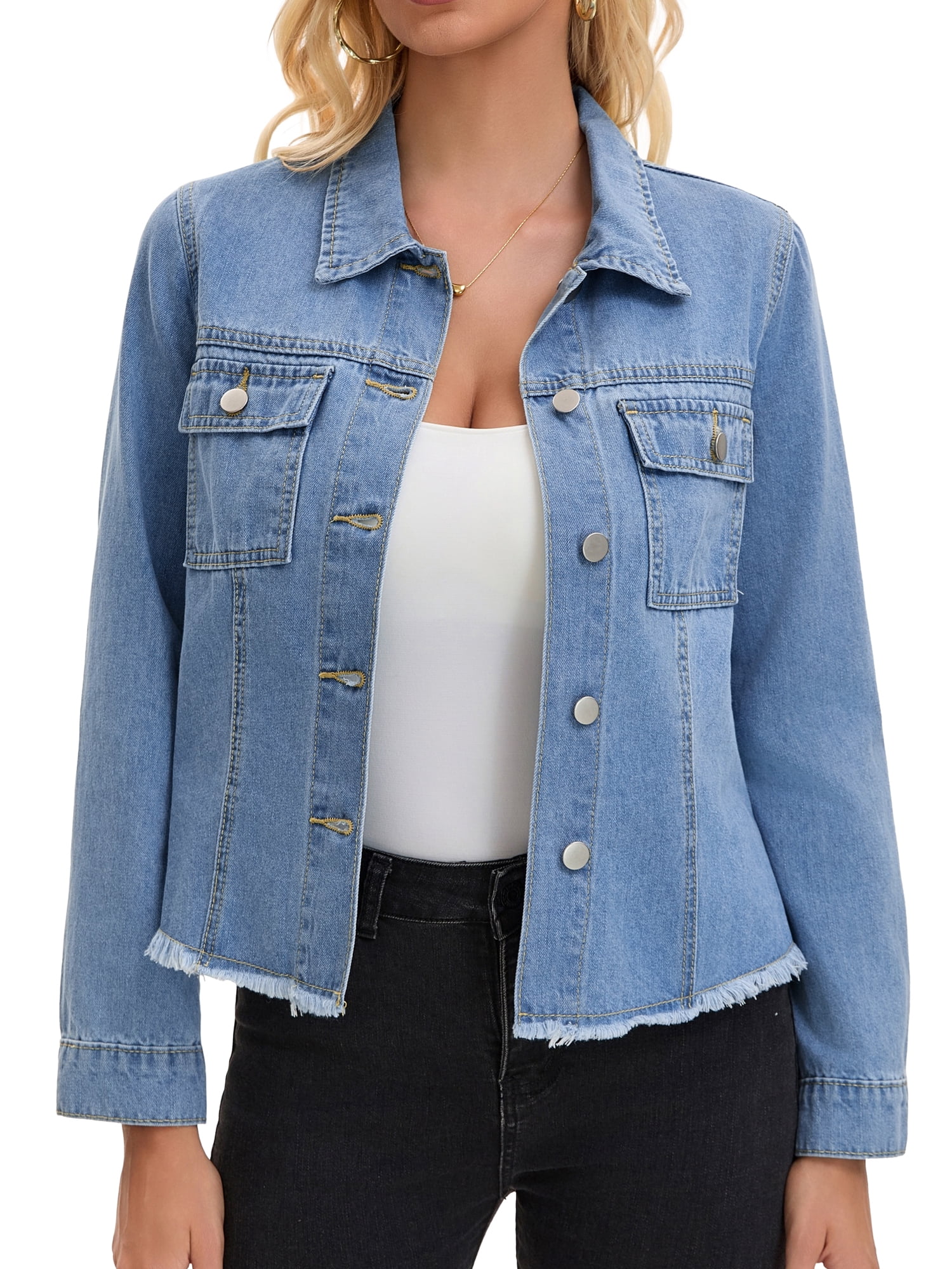 DARING DIVA Women's Long Sleeve Lightweight Frayed Hem Jean Shacket M Blue