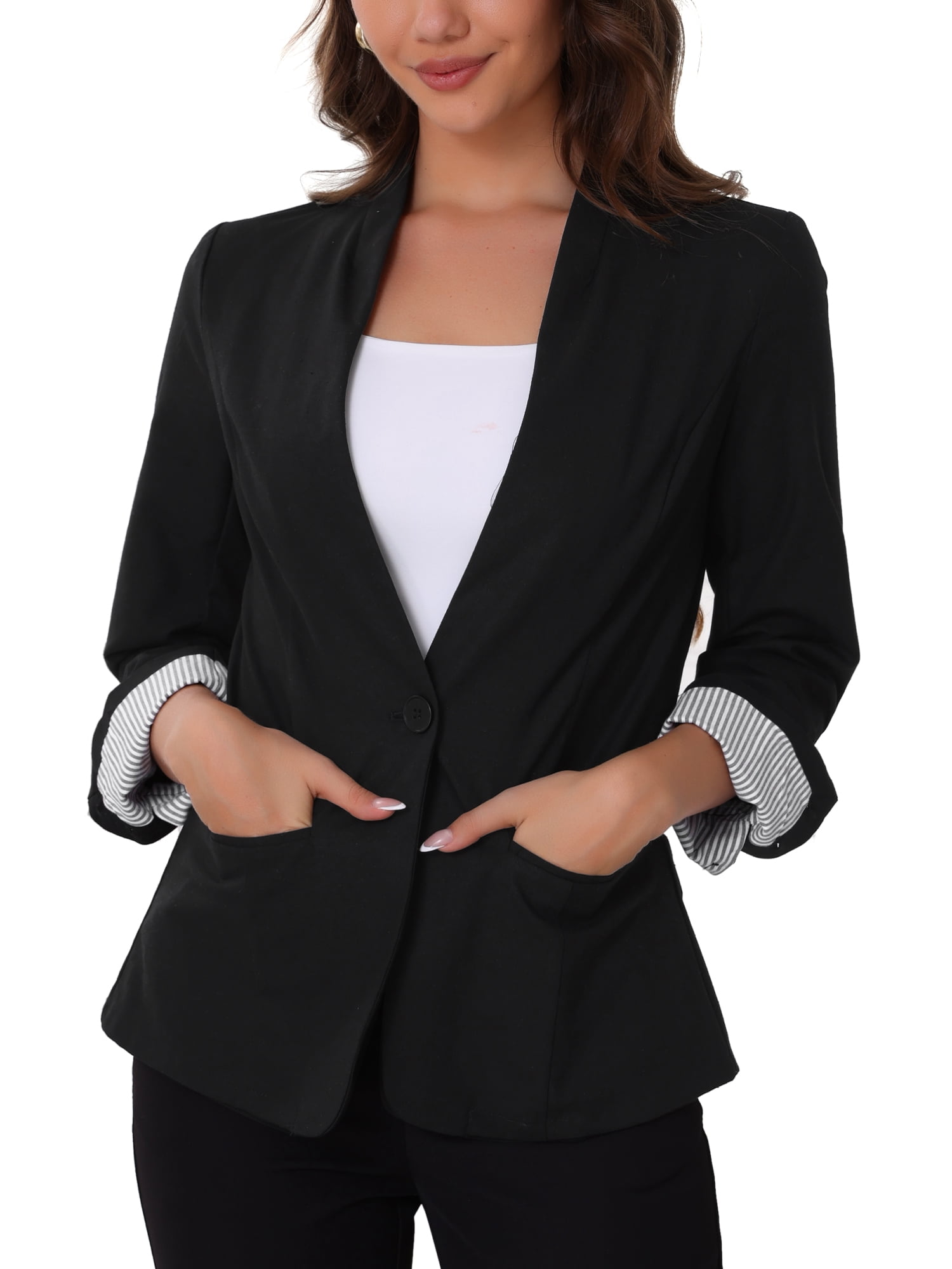 DARING DIVA Women's Linen Lightweight Long Sleeve Single Breasted Blazer S Black