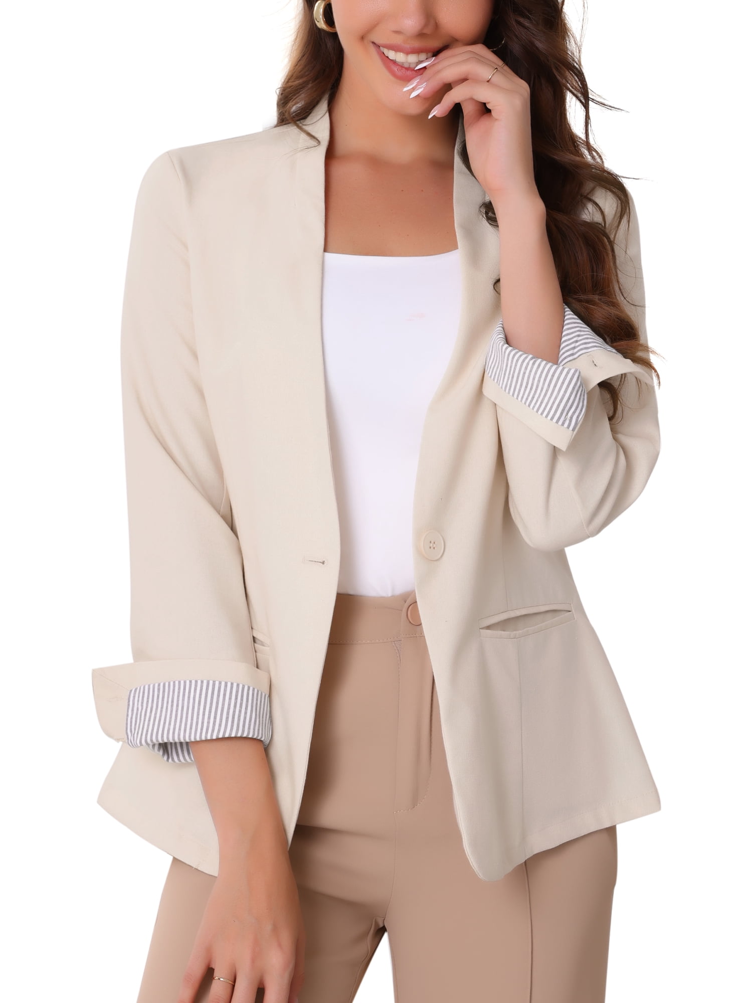 DARING DIVA Women's Linen Lightweight Long Sleeve Single Breasted Blazer XS Apricot