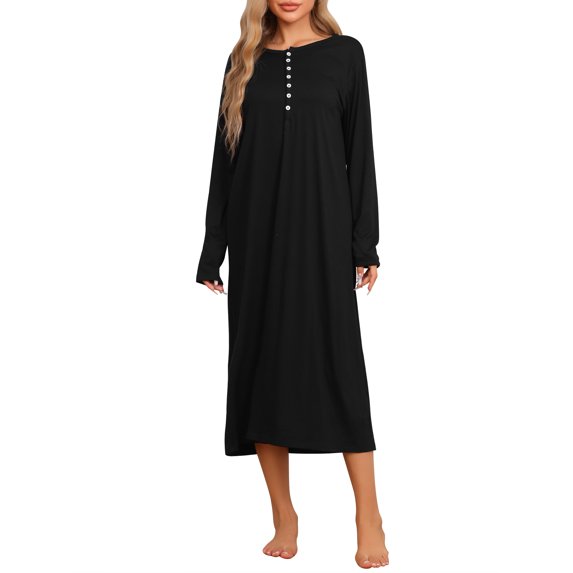 DARING DIVA Women's Long Sleeve Long Soft Button Down Nightshirt M Black