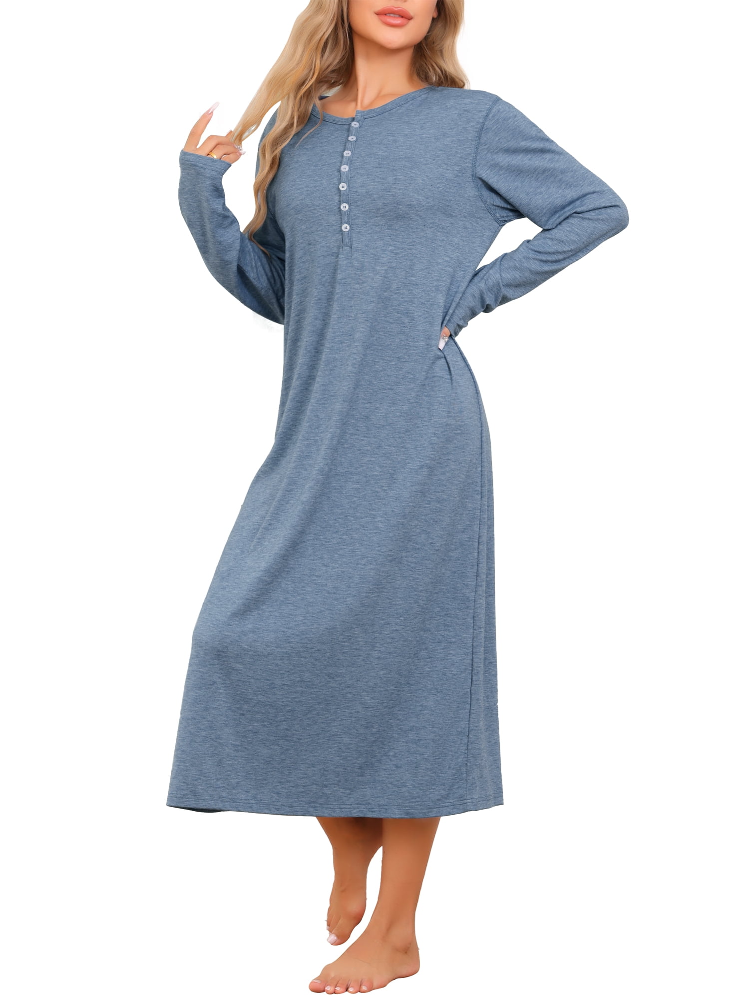 DARING DIVA Women's Long Sleeve Long Soft Button Down Nightshirt S Blue