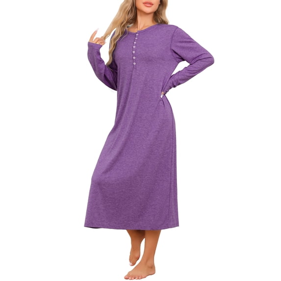 DARING DIVA Women's Long Sleeve Long Soft Button Down Nightshirt S Purple