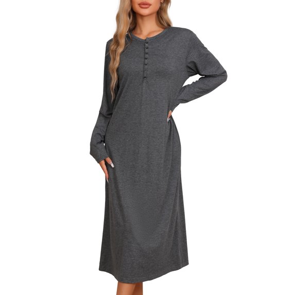 DARING DIVA Women's Long Sleeve Long Soft Button Down Nightshirt XL Deep Gray