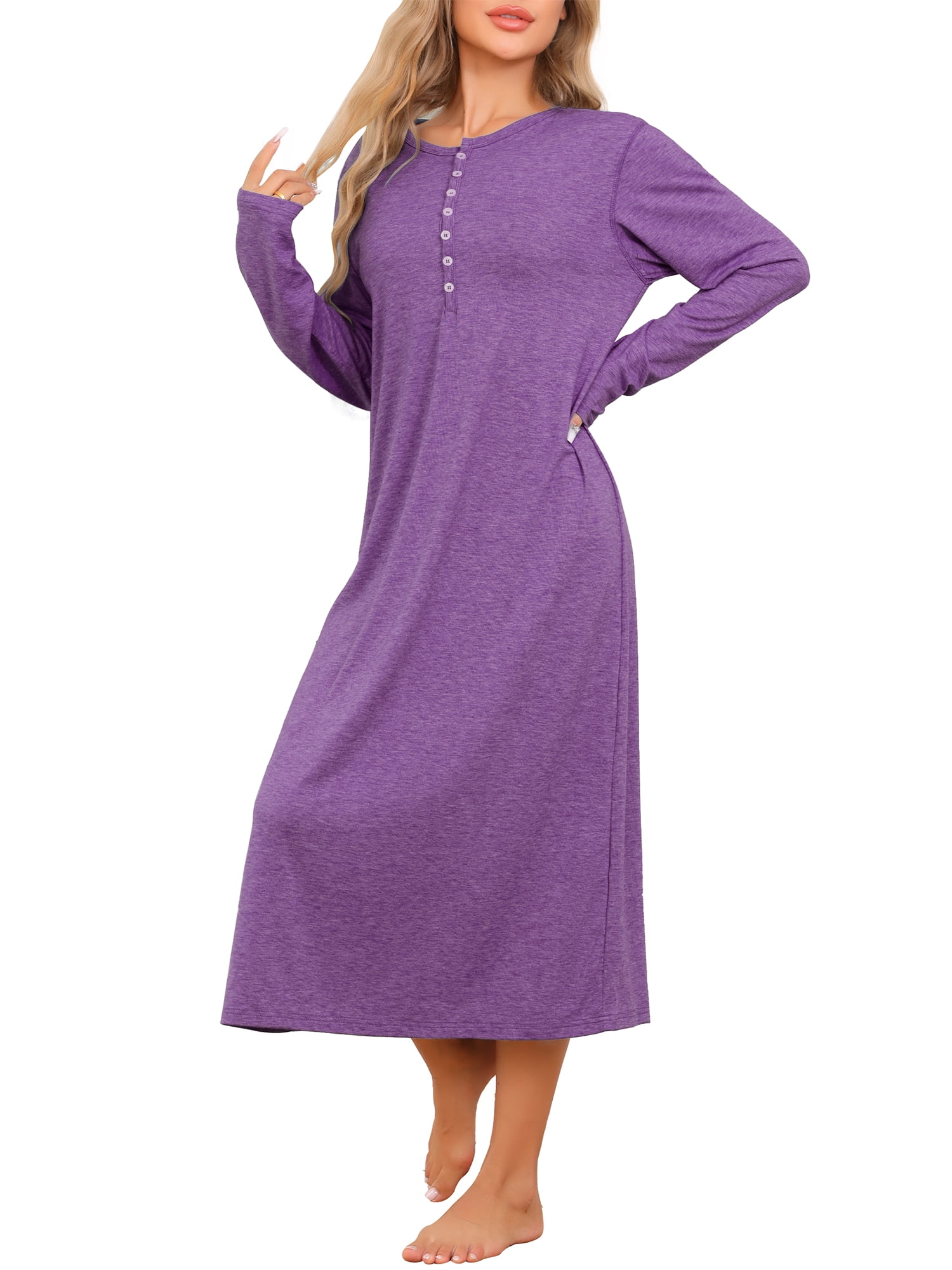 DARING DIVA Women's Long Sleeve Long Soft Button Down Nightshirt XS Purple