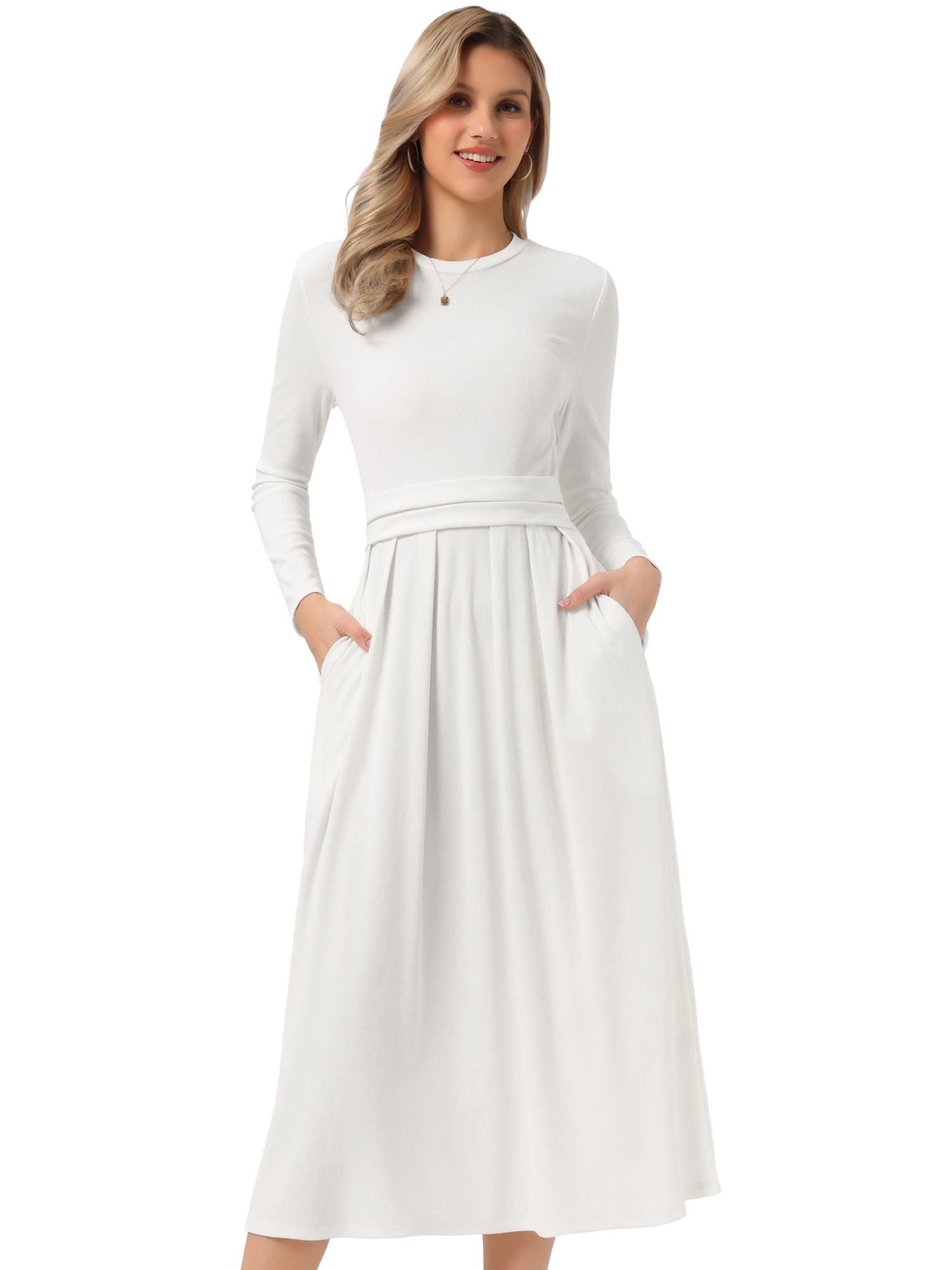 DARING DIVA Women's Long Sleeve Maxi Casual Formal Spring A-Line Dress S Beige White