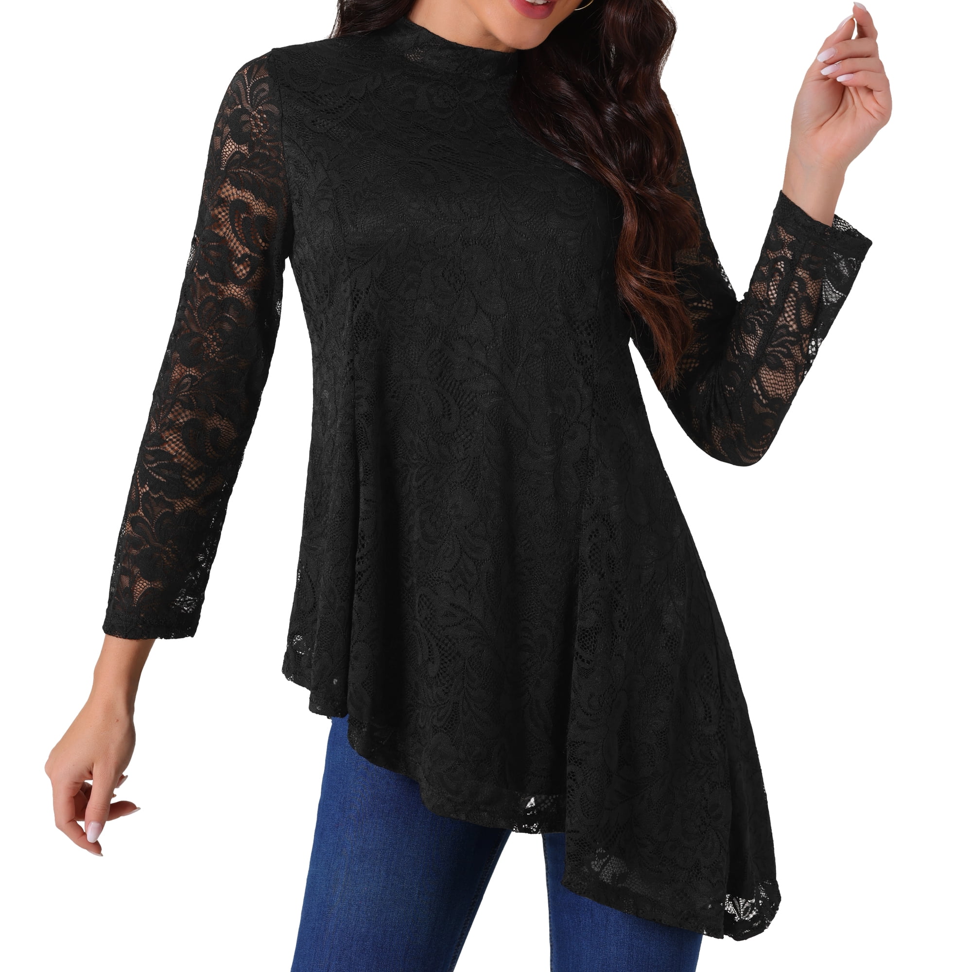 DARING DIVA Women's Long Sleeve Mock Neck Asymmetric Hem Blouses M Black