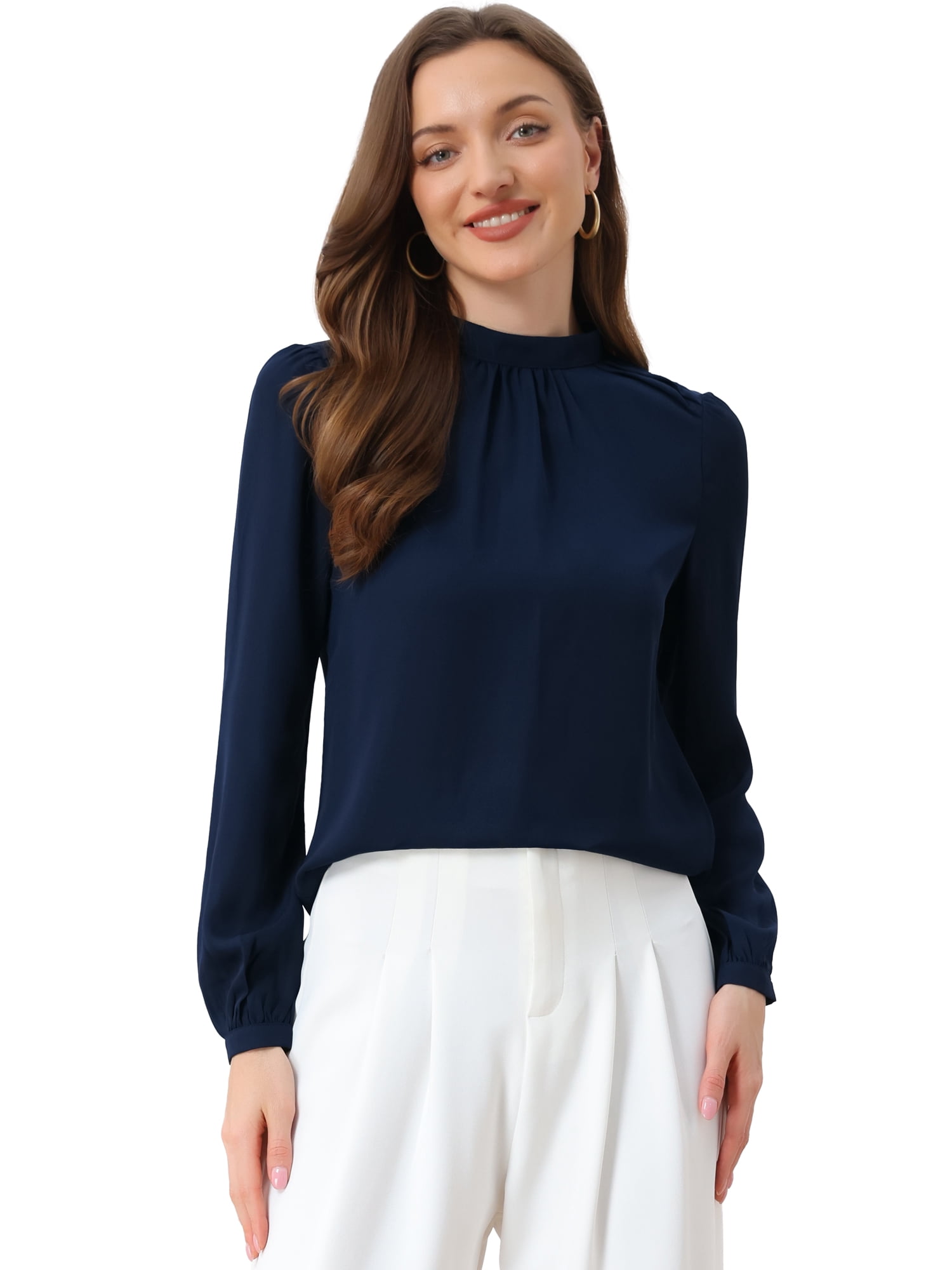 DARING DIVA Women's Long Sleeve Mock Neck Business Blouses Shirts M Dark Blue