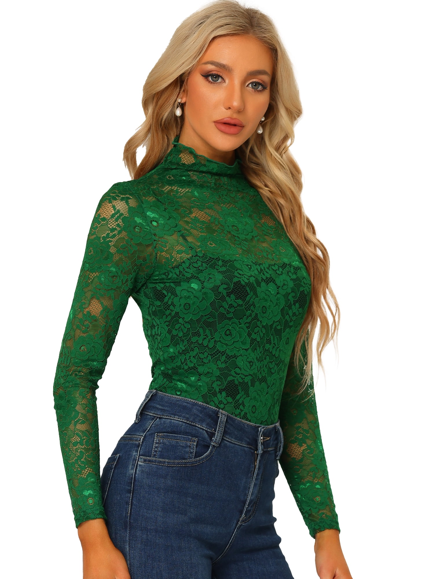 DARING DIVA Women's Long Sleeve Mock Neck Floral Lace Blouse Top M Dark Green