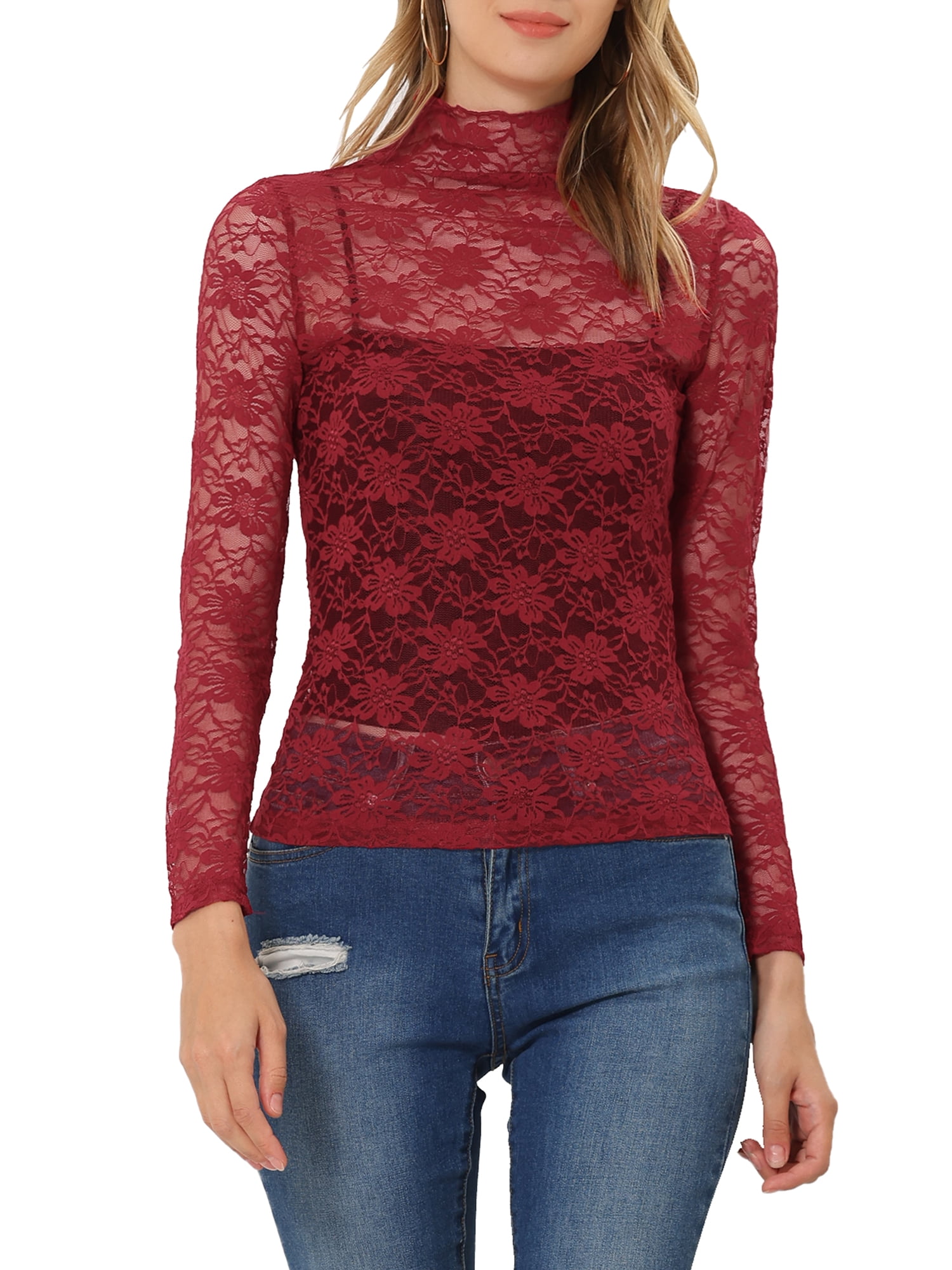 DARING DIVA Women's Long Sleeve Mock Neck Floral Lace Blouse Top XS Burgundy