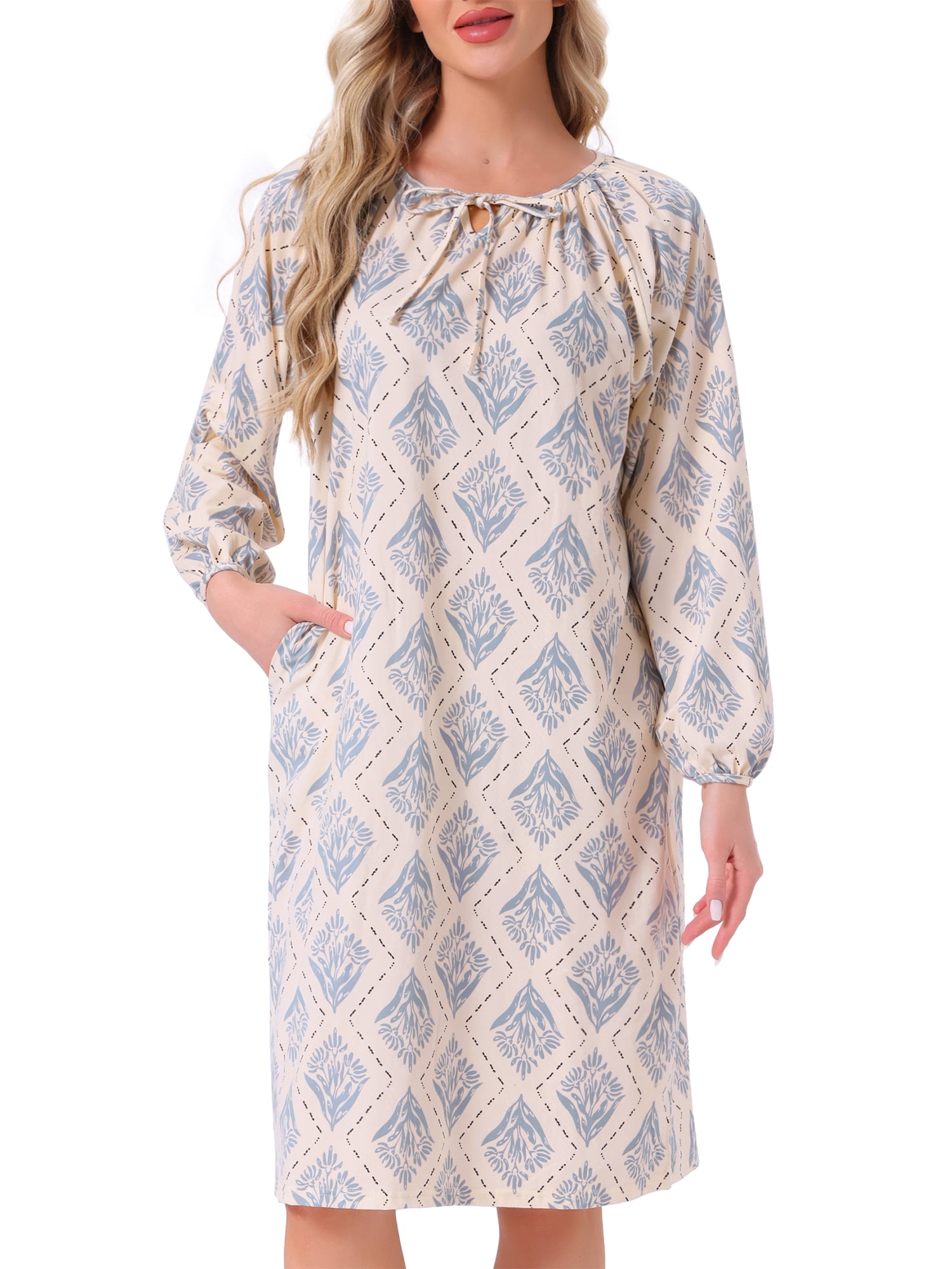 DARING DIVA Women's Long Sleeve Nightgown with Pocket M Blue