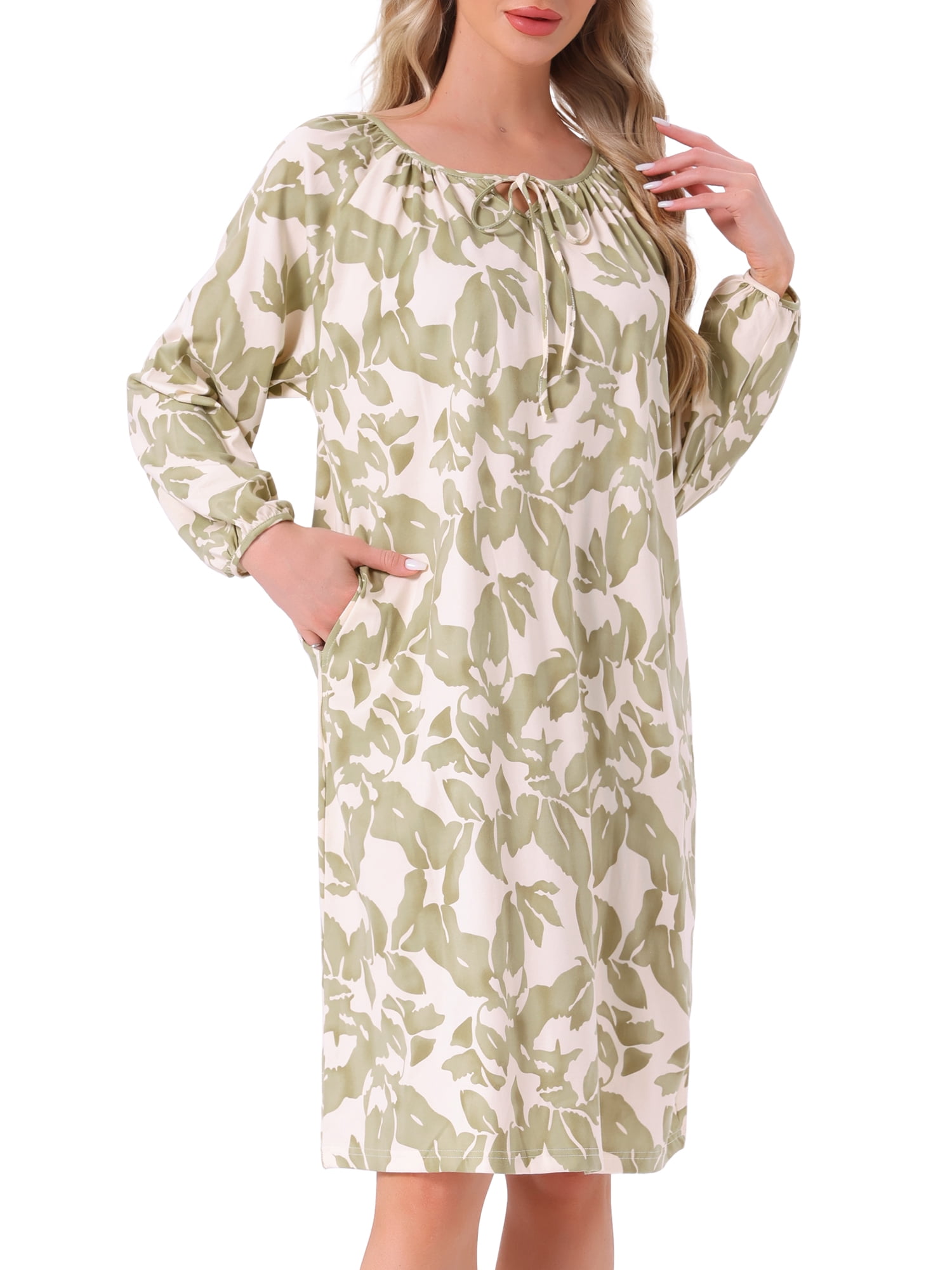 DARING DIVA Women's Long Sleeve Nightgown with Pocket S Light Green