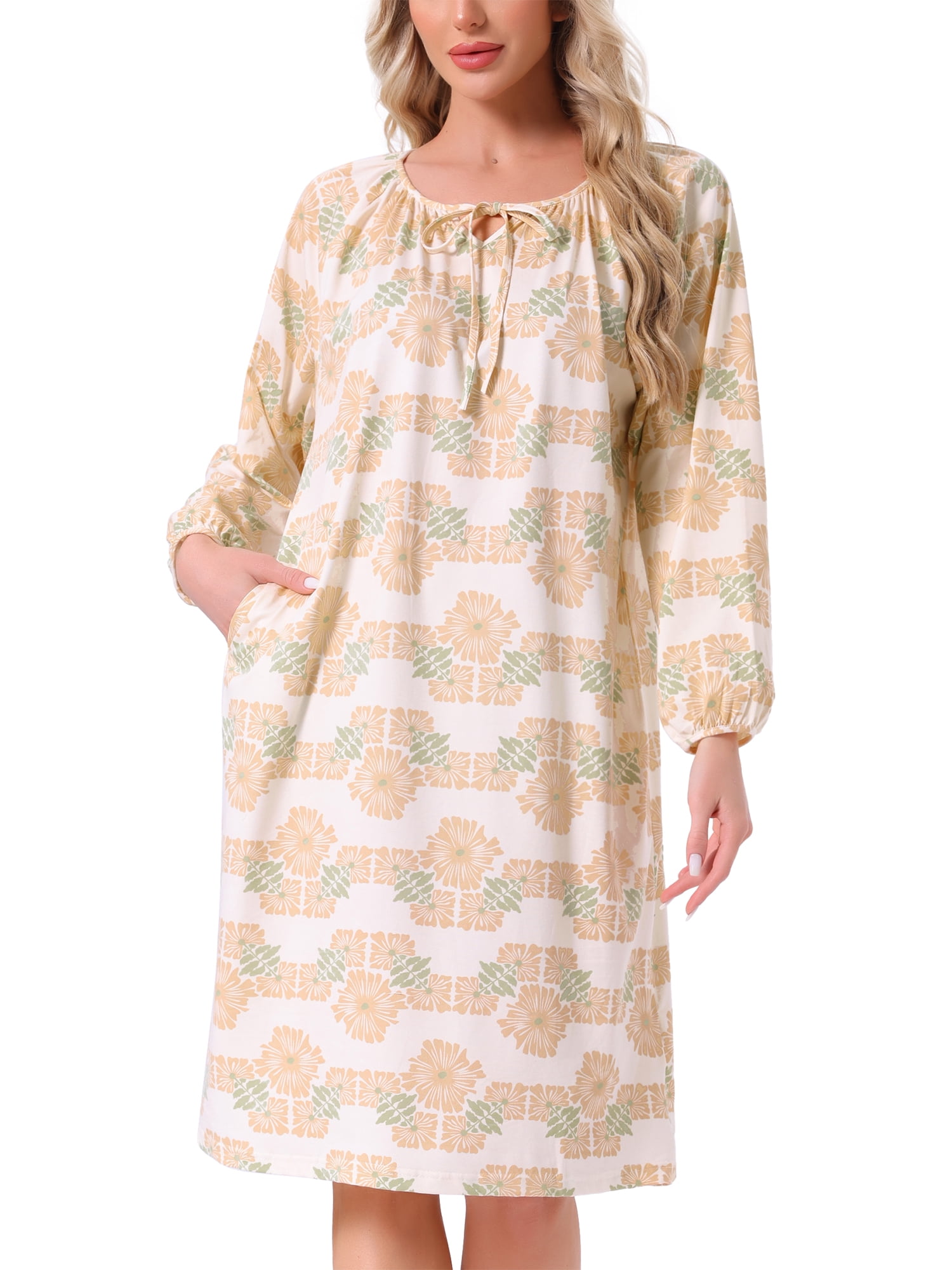 DARING DIVA Women's Long Sleeve Nightgown with Pocket S Yellow