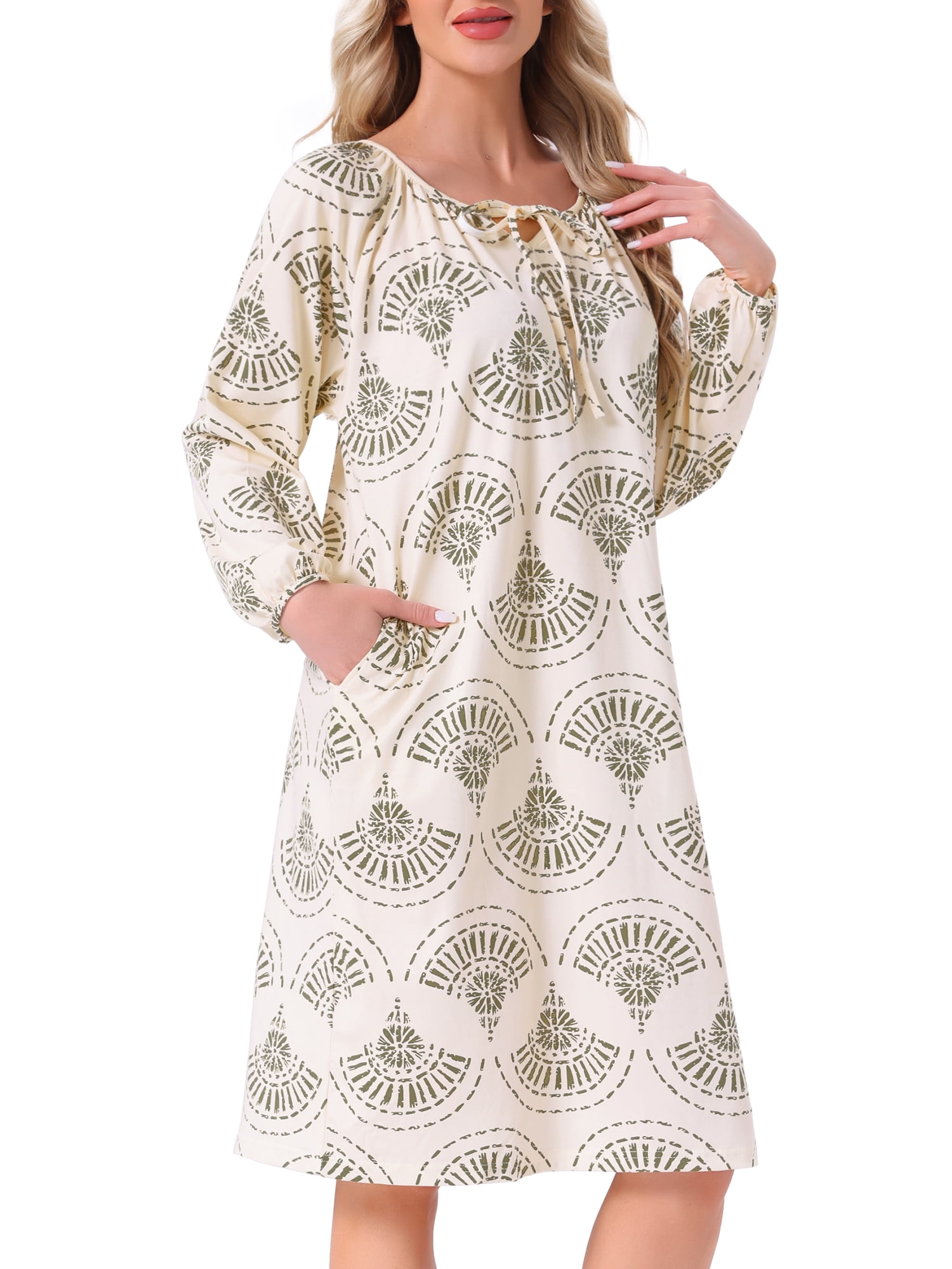 DARING DIVA Women's Long Sleeve Nightgown with Pocket XL Green