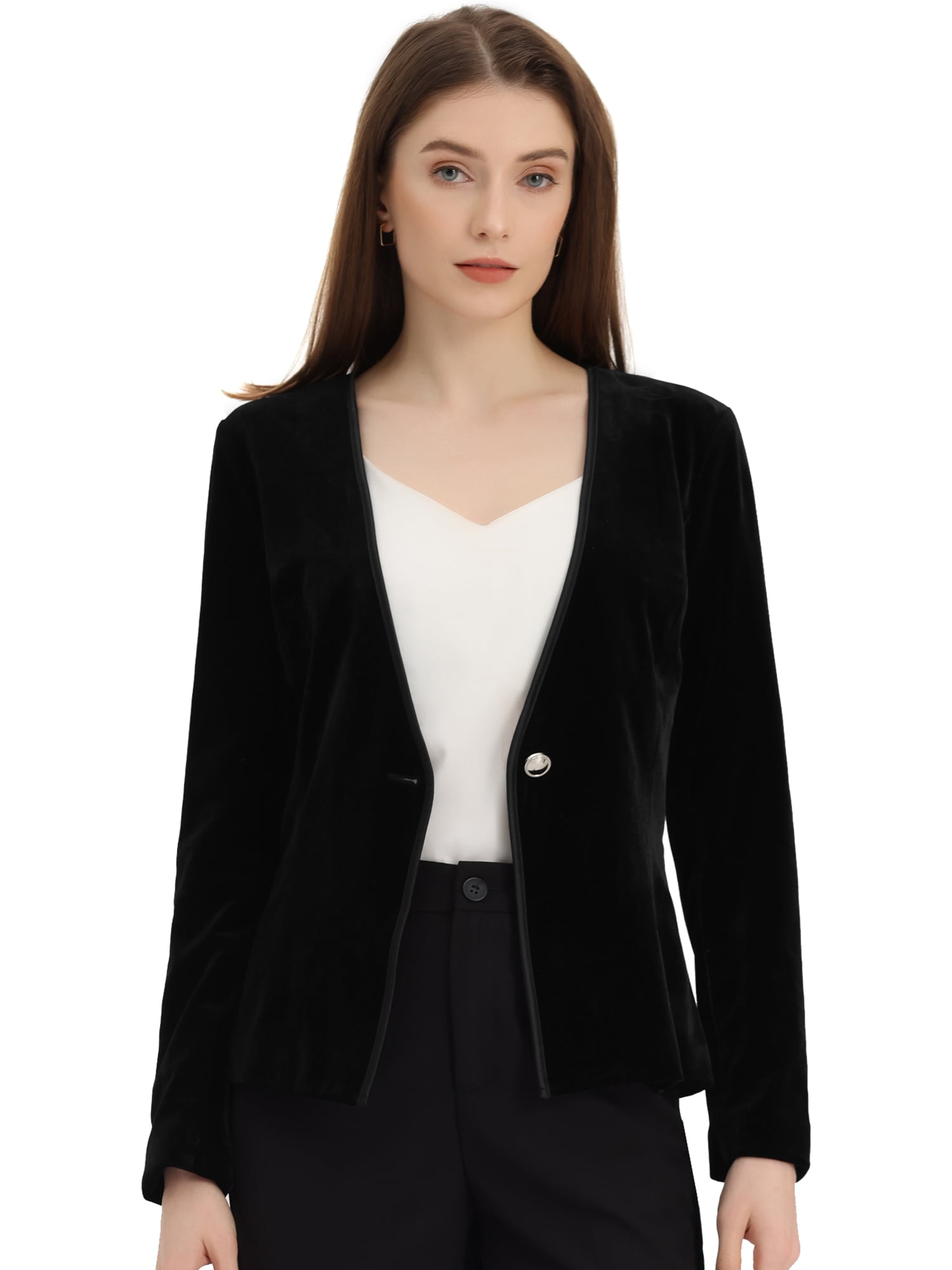 DARING DIVA Women's Long Sleeve Office Collarless 1 Button Velvet Blazer M Black