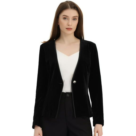 DARING DIVA Women's Long Sleeve Office Collarless 1 Button Velvet Blazer M Black