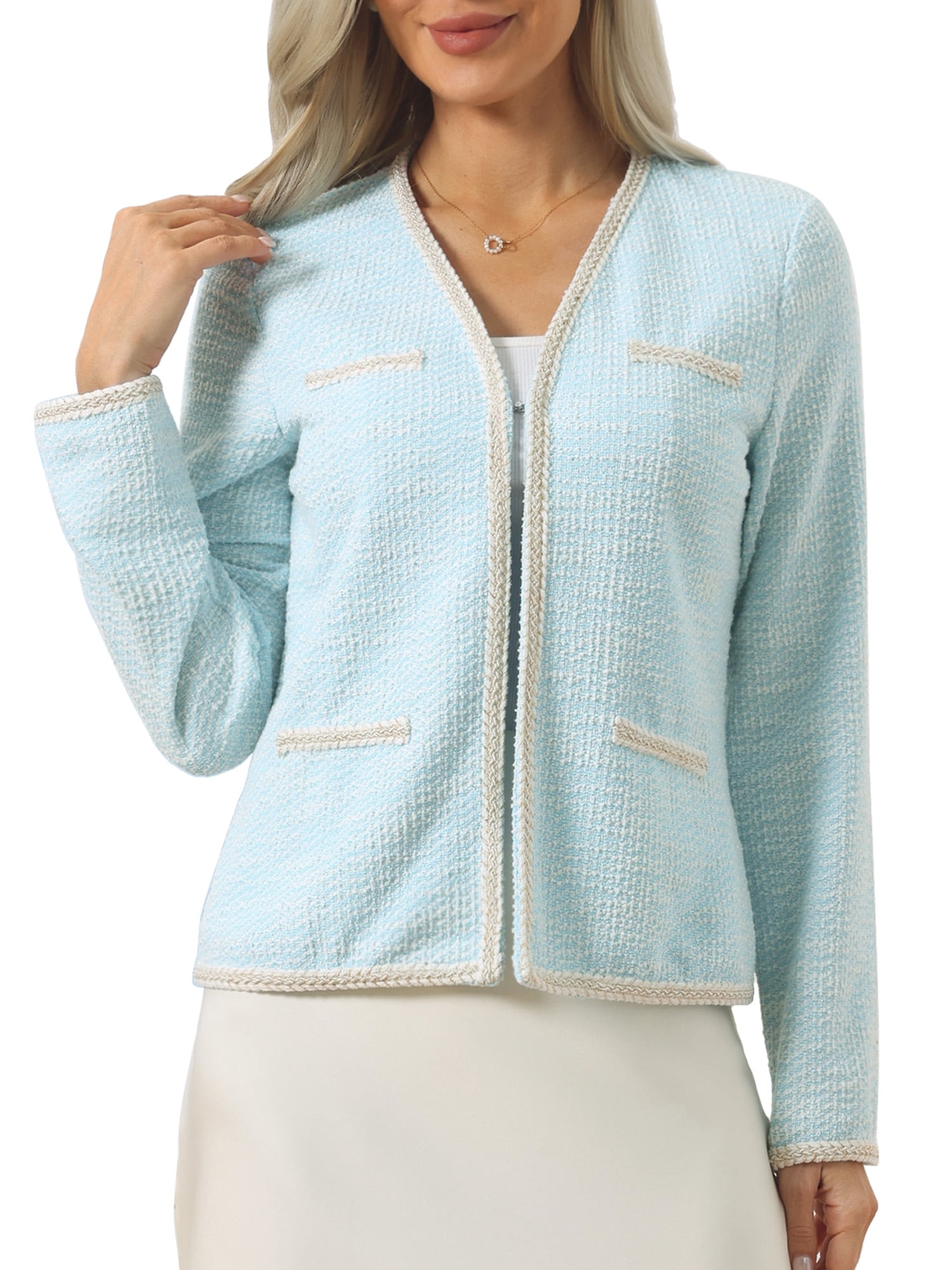 DARING DIVA Women's Long Sleeve Open Front Casual Knit Jacket M Light Blue