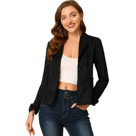DARING DIVA Women's Long Sleeve Open Front Faux Suede Blazer L Black