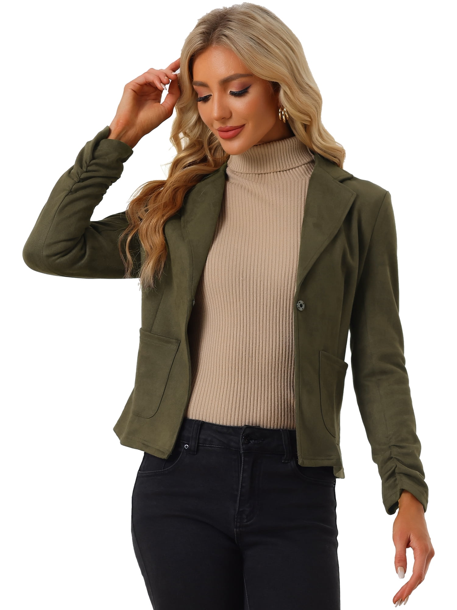 DARING DIVA Women's Long Sleeve Open Front Faux Suede Blazer M Olive Green