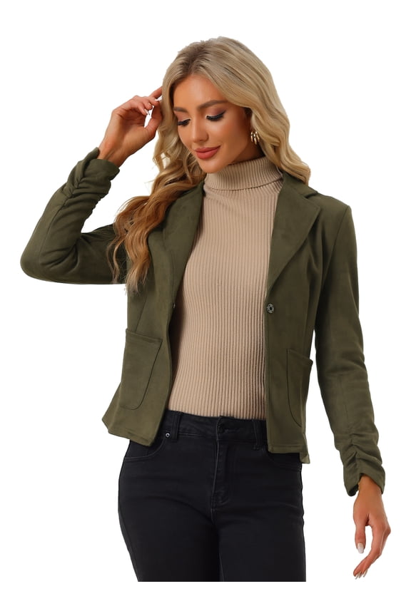 Women's Long Sleeve Open Front Faux Suede Blazer M Olive Green