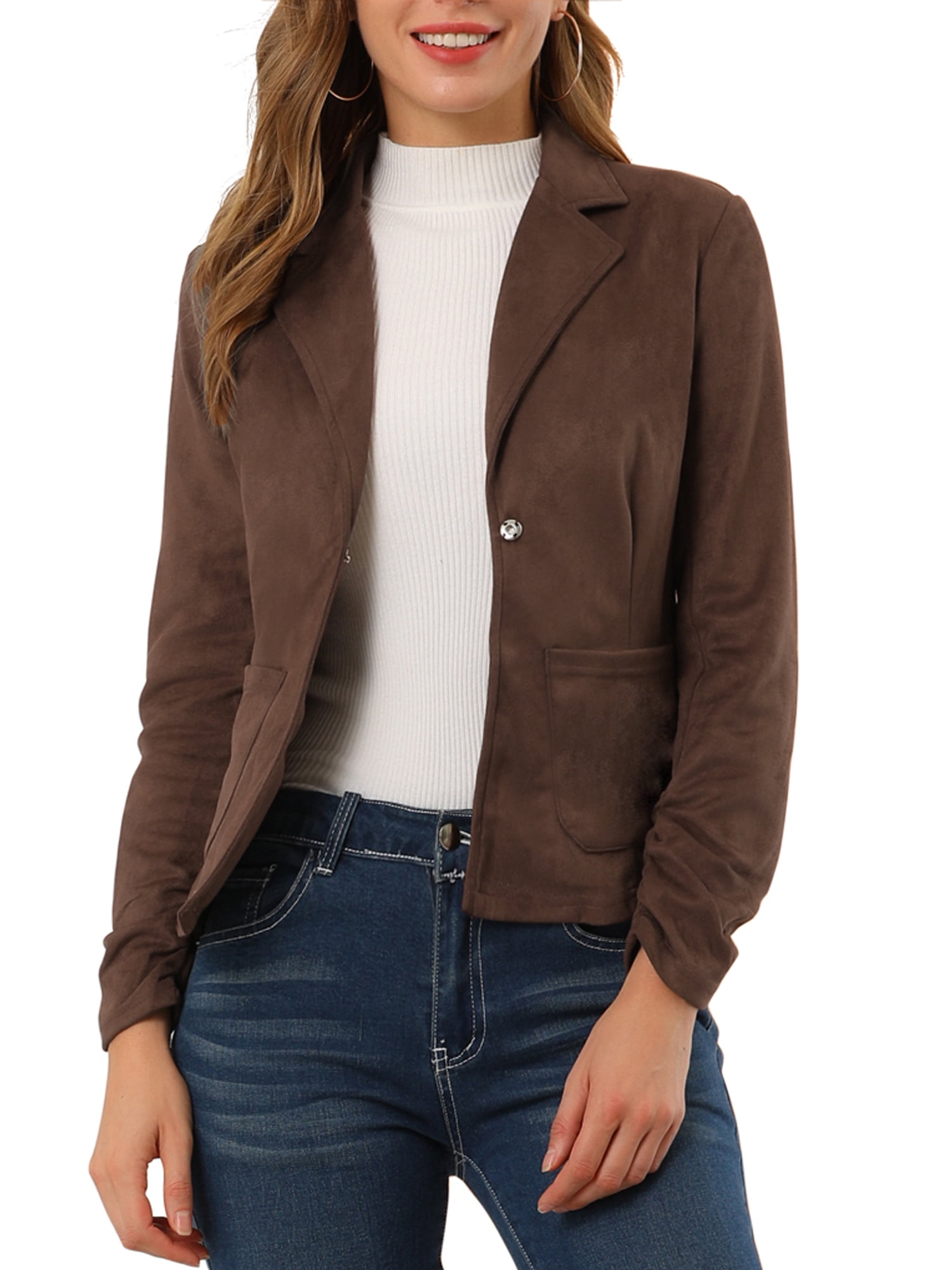 DARING DIVA Women's Long Sleeve Open Front Faux Suede Blazer S Brown