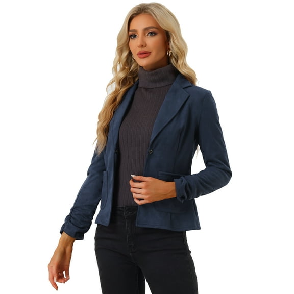 DARING DIVA Women's Long Sleeve Open Front Faux Suede Blazer S Dark Blue