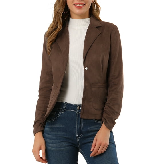 DARING DIVA Women's Long Sleeve Open Front Faux Suede Blazer XS Brown
