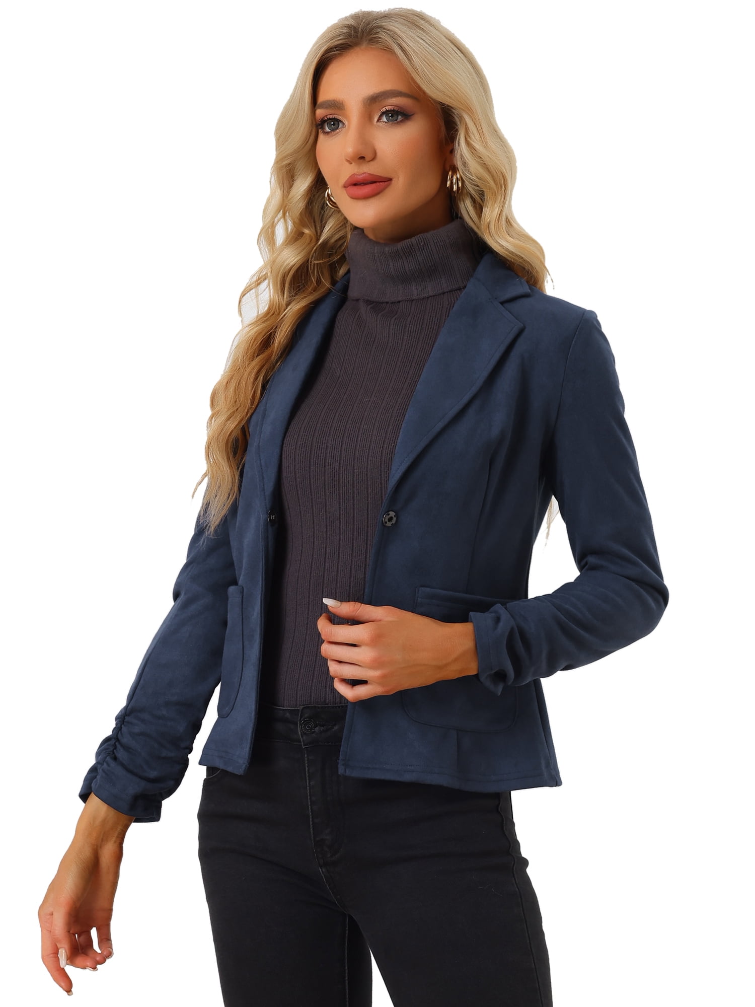 DARING DIVA Women's Long Sleeve Open Front Faux Suede Blazer XS Dark Blue