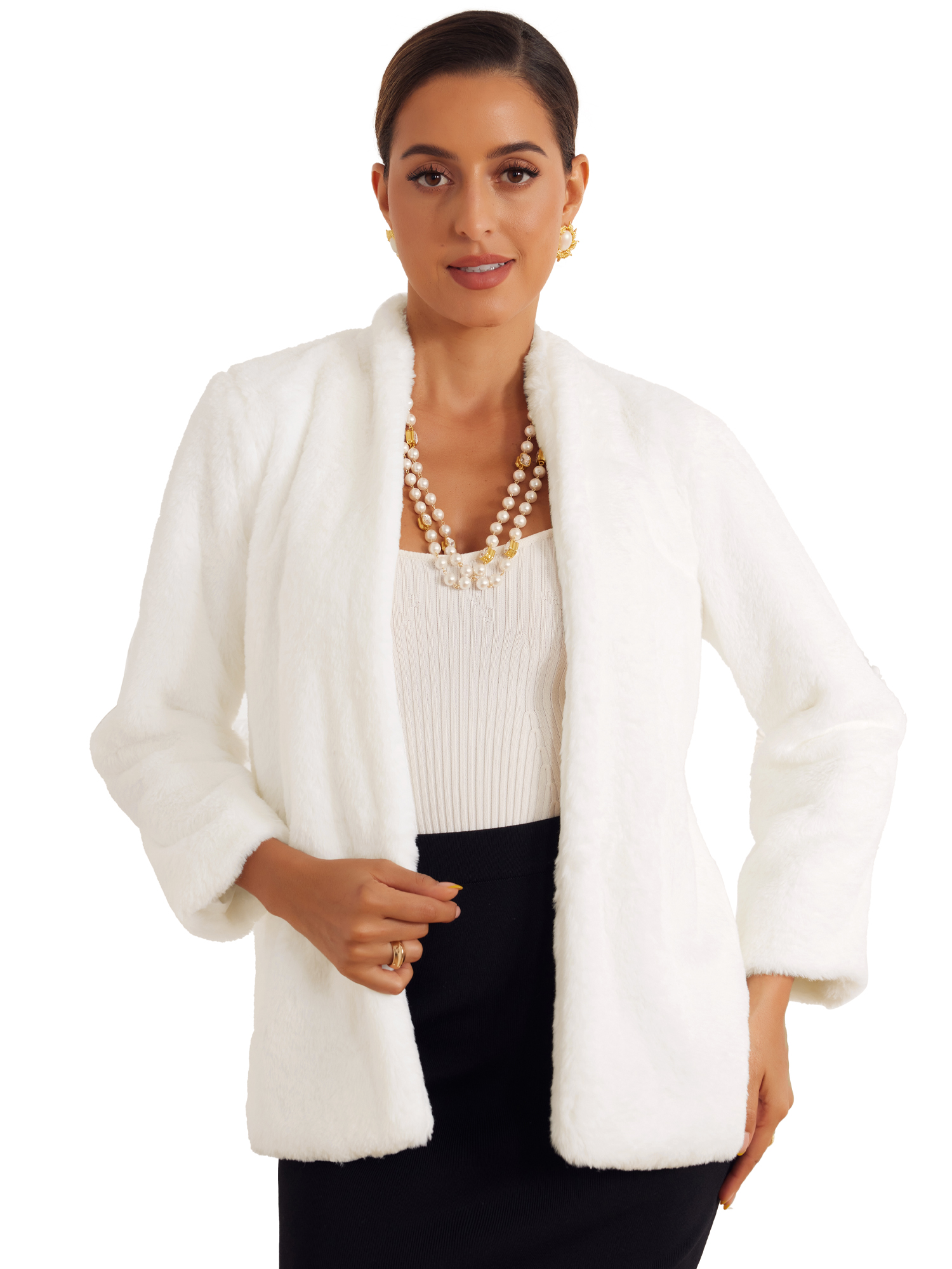 DARING DIVA Women's Long Sleeve Open Front Fluffy Outerwear Coats M White