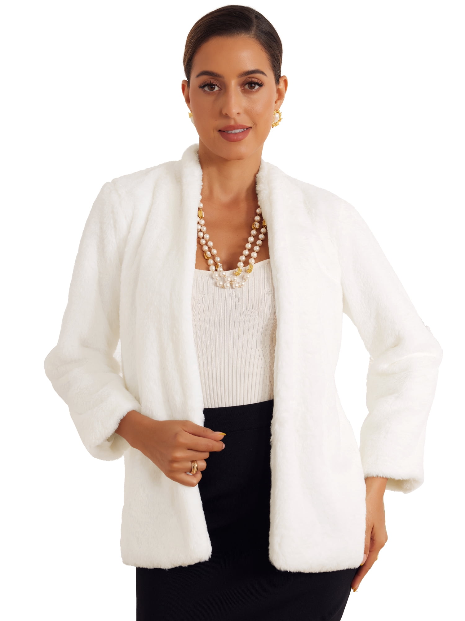 DARING DIVA Women's Long Sleeve Open Front Fluffy Outerwear Coats XL White