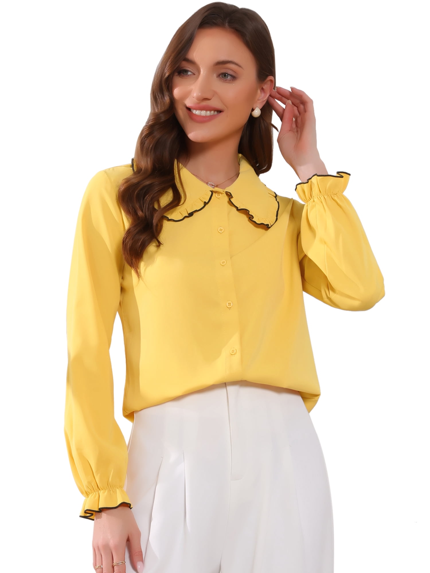 DARING DIVA Women's Long Sleeve Peter Pan Collar Button Down Blouse M Yellow