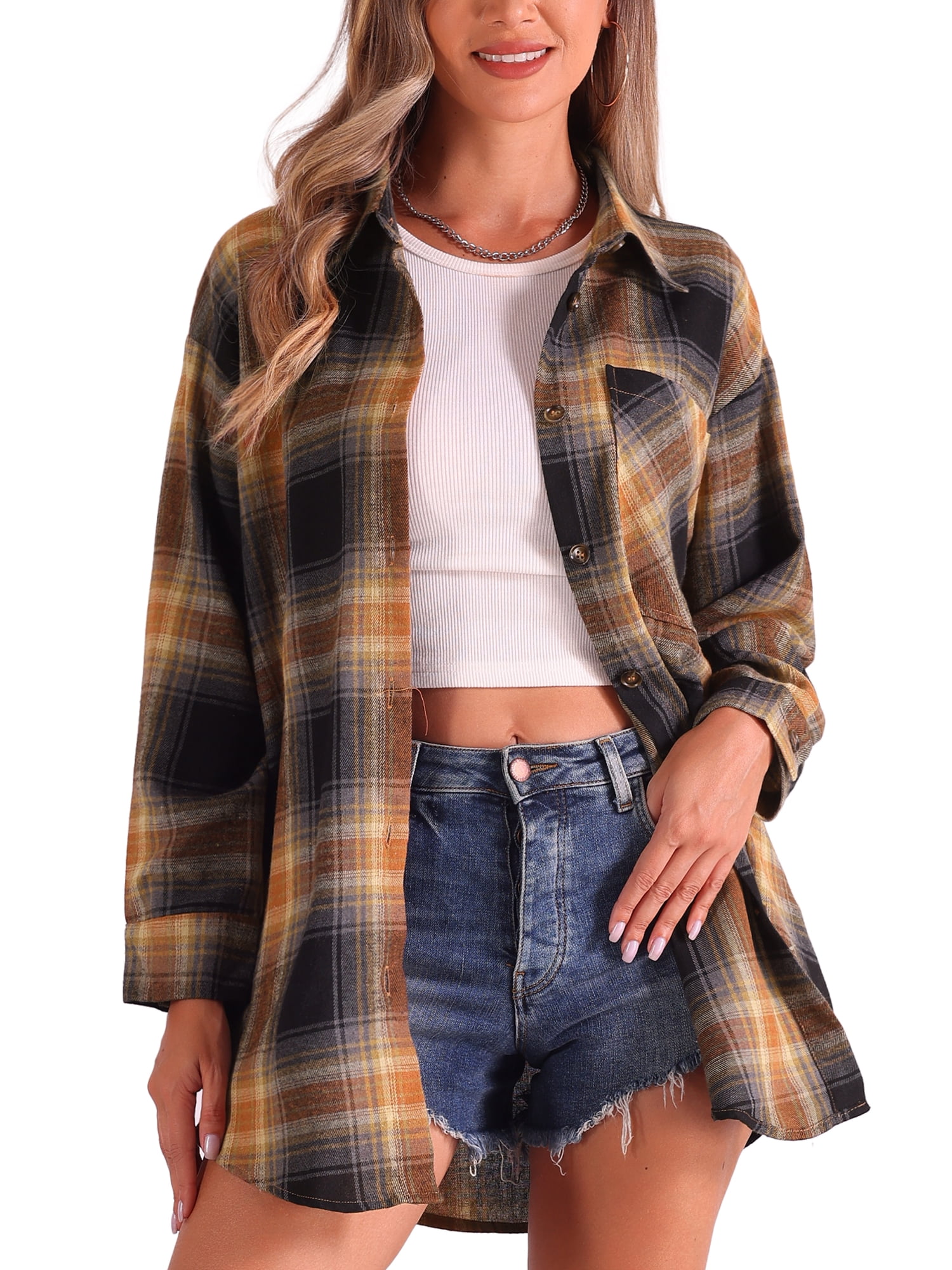 DARING DIVA Women's Long Sleeve Plaid Button Down Shirt Blouse Top M Black Caramel