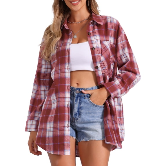 DARING DIVA Women's Long Sleeve Plaid Button Down Shirt Blouse Top S Dark Red