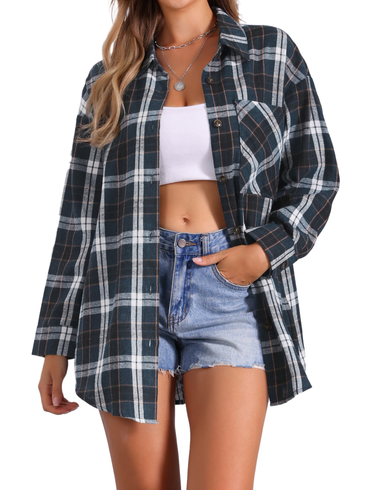 DARING DIVA Women's Long Sleeve Plaid Button Down Shirt Blouse Top XS Blue